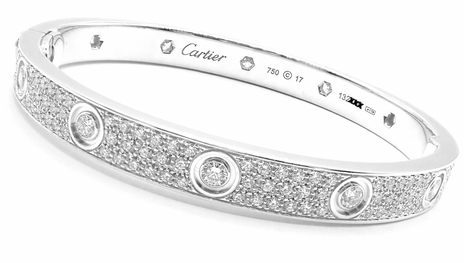 Authentic! Cartier Love 18K White Gold Diamond Pave Bangle Bracelet Sz 17 Paper