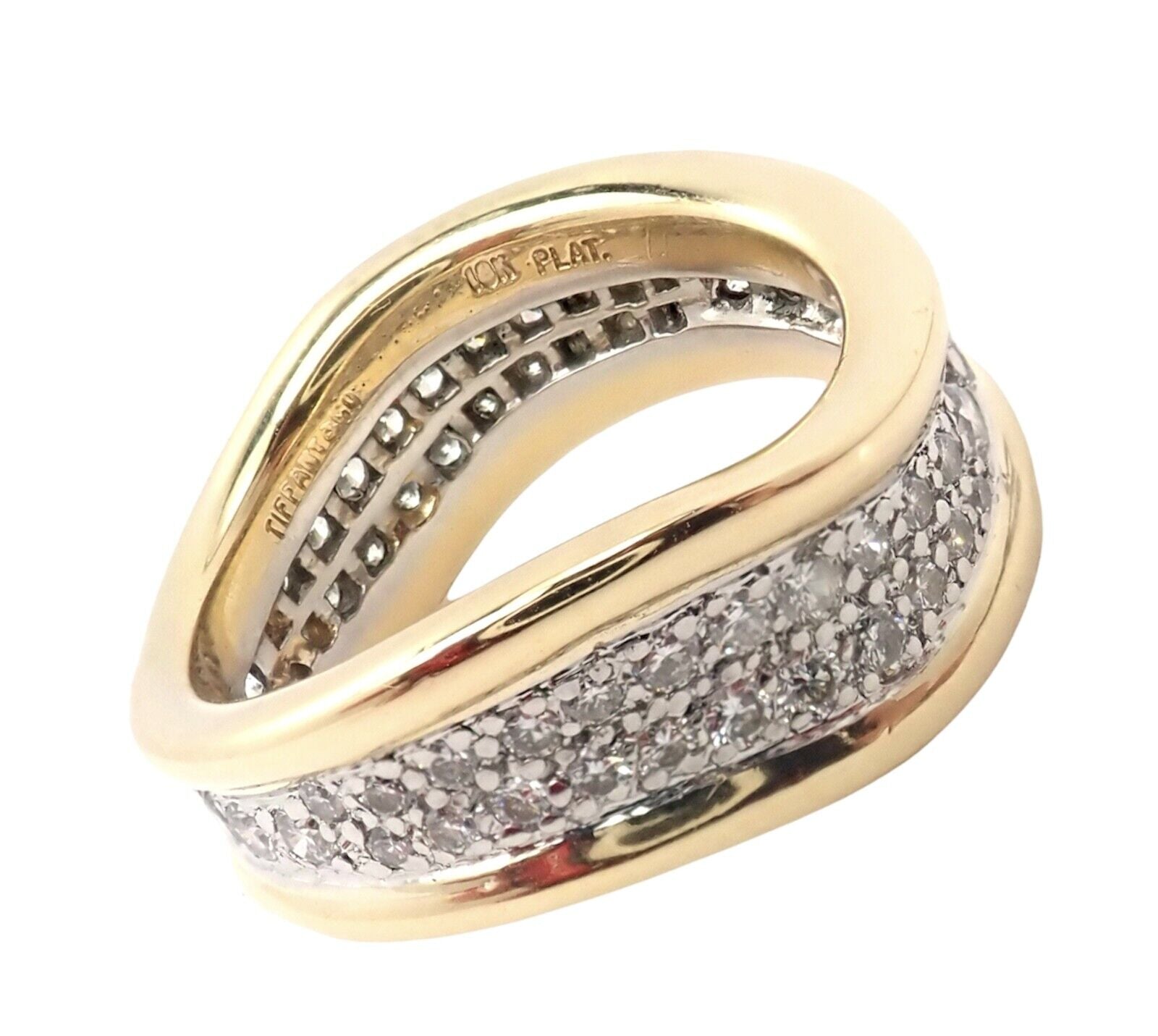 Authentic! Tiffany & Co 18k Yellow Gold Platinum Diamond Wave Band Ring | Fortrove