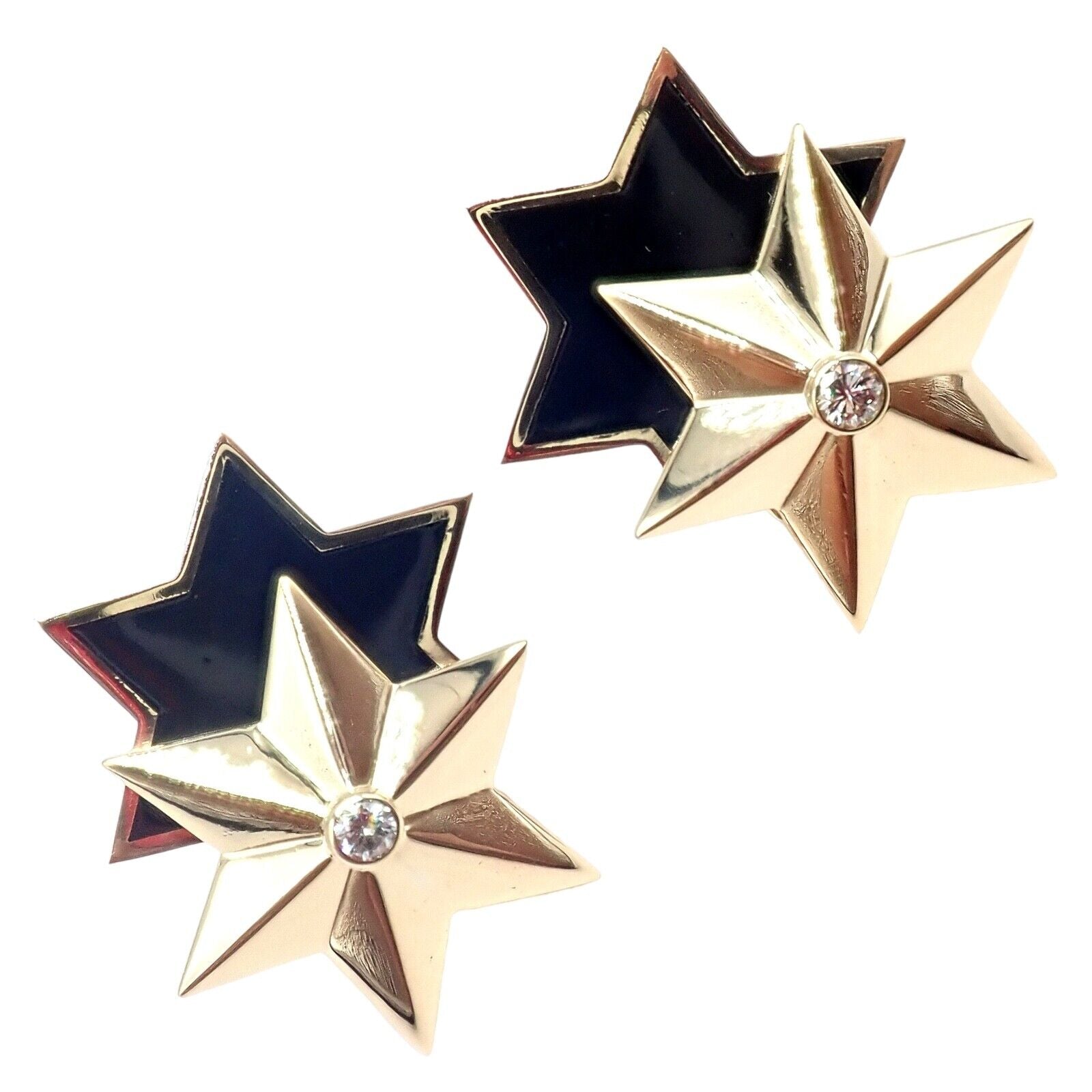 Authentic! Verdura 18k Yellow Gold Diamond Black Enamel Double Star Earrings | Fortrove