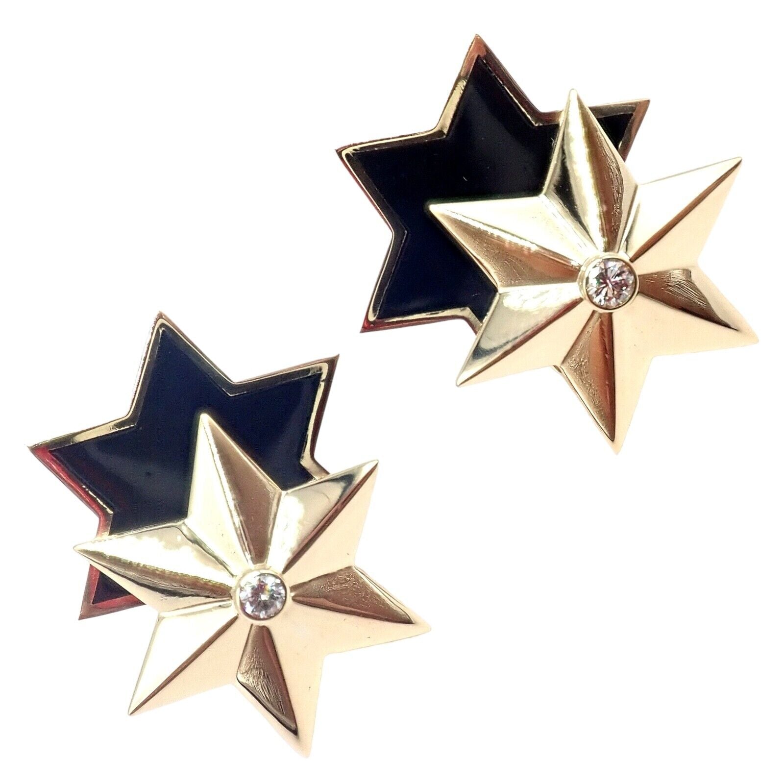 Verdura Jewelry & Watches:Fine Jewelry:Earrings Authentic! Verdura 18k Yellow Gold Diamond Black Enamel Double Star Earrings