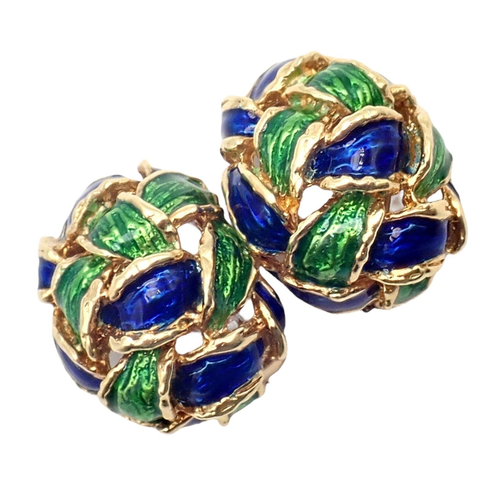 Vintage Tiffany & Co Green Blue Enamel 18k Yellow Gold Basket Weave Earrings | Fortrove