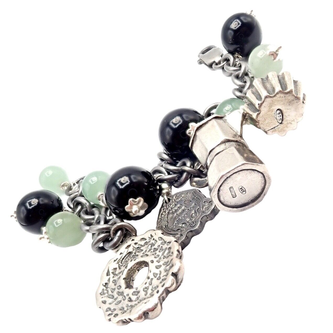 Rare! Vintage Mario Buccellati Silver Coffee Jadeite Onyx Bead Charm Bracelet | Fortrove