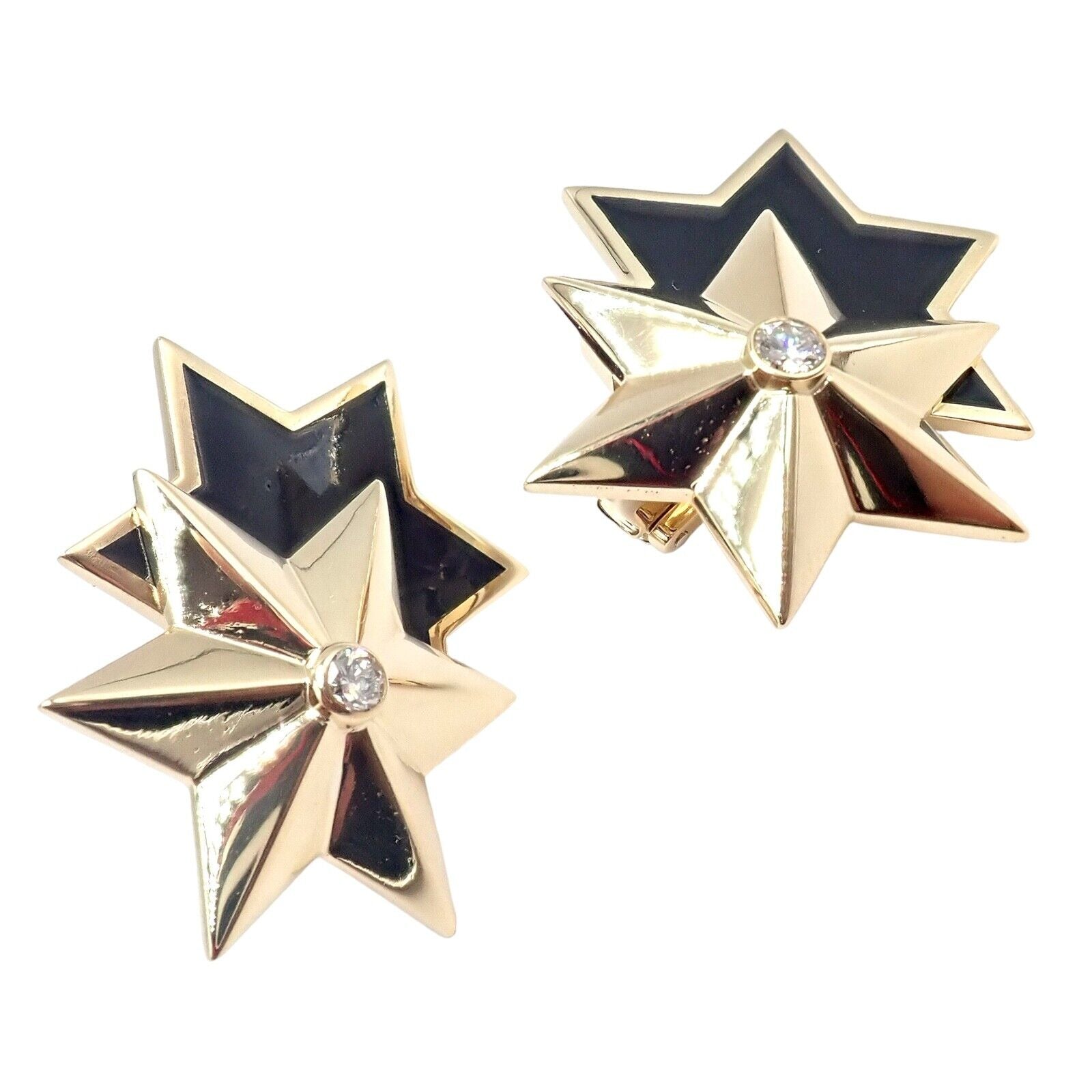 Authentic! Verdura 18k Yellow Gold Diamond Black Enamel Double Star Earrings | Fortrove