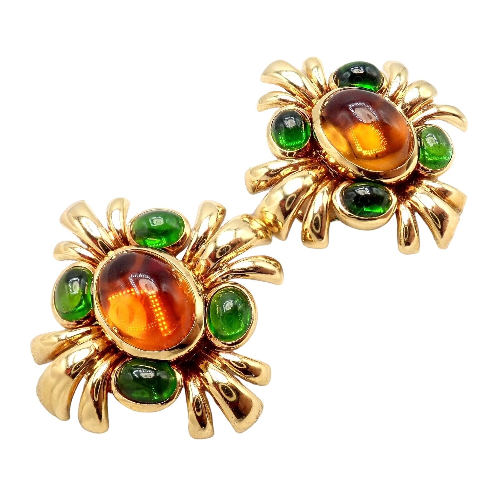 Authentic! Verdura 18k Yellow Gold Citrine Green Tourmaline Vintage Earrings | Fortrove