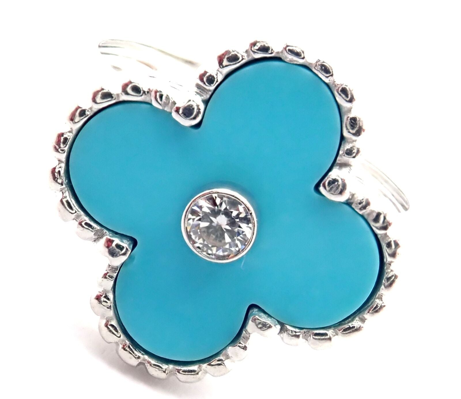 Authentic! Van Cleef & Arpels Alhambra 18k White Gold Diamond Turquoise Ring | Fortrove