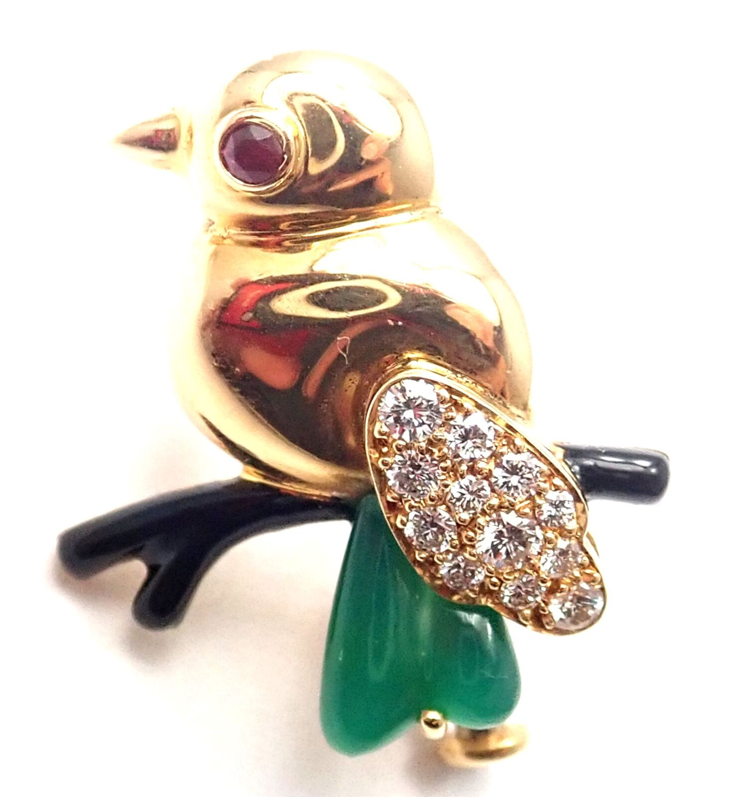 Authentic! Cartier 18k Yellow Gold Diamond Onyx Ruby Chalcedony Bird Pin Brooch | Fortrove