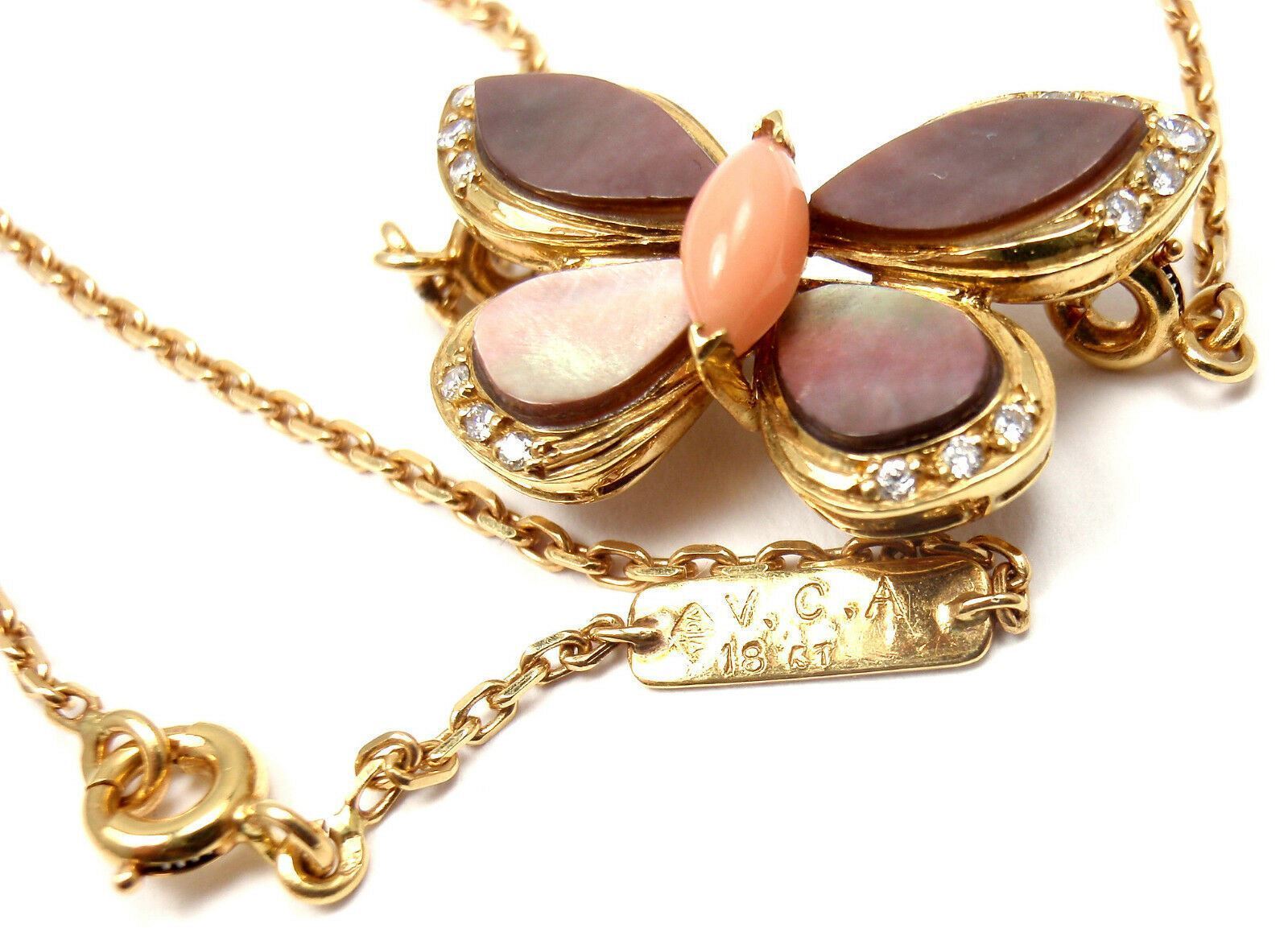 VAN CLEEF & ARPELS 18k Yellow Gold Diamond MOP Coral Butterfly Brooch Necklace | Fortrove