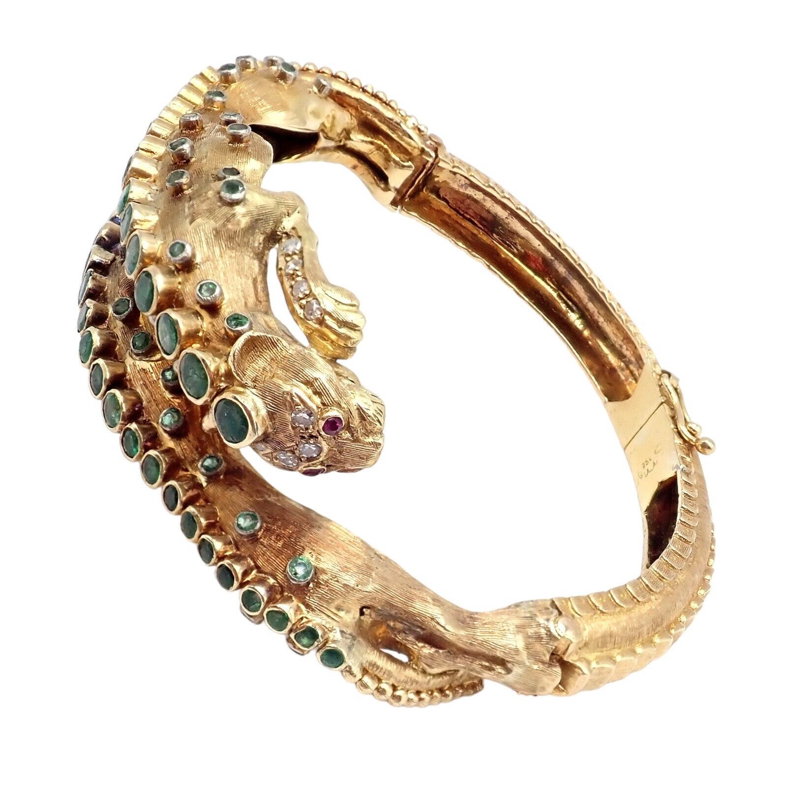 Vintage! Ilias Lalaounis 18k Yellow Gold Emerald Diamond Lioness Bangle Bracelet | Fortrove