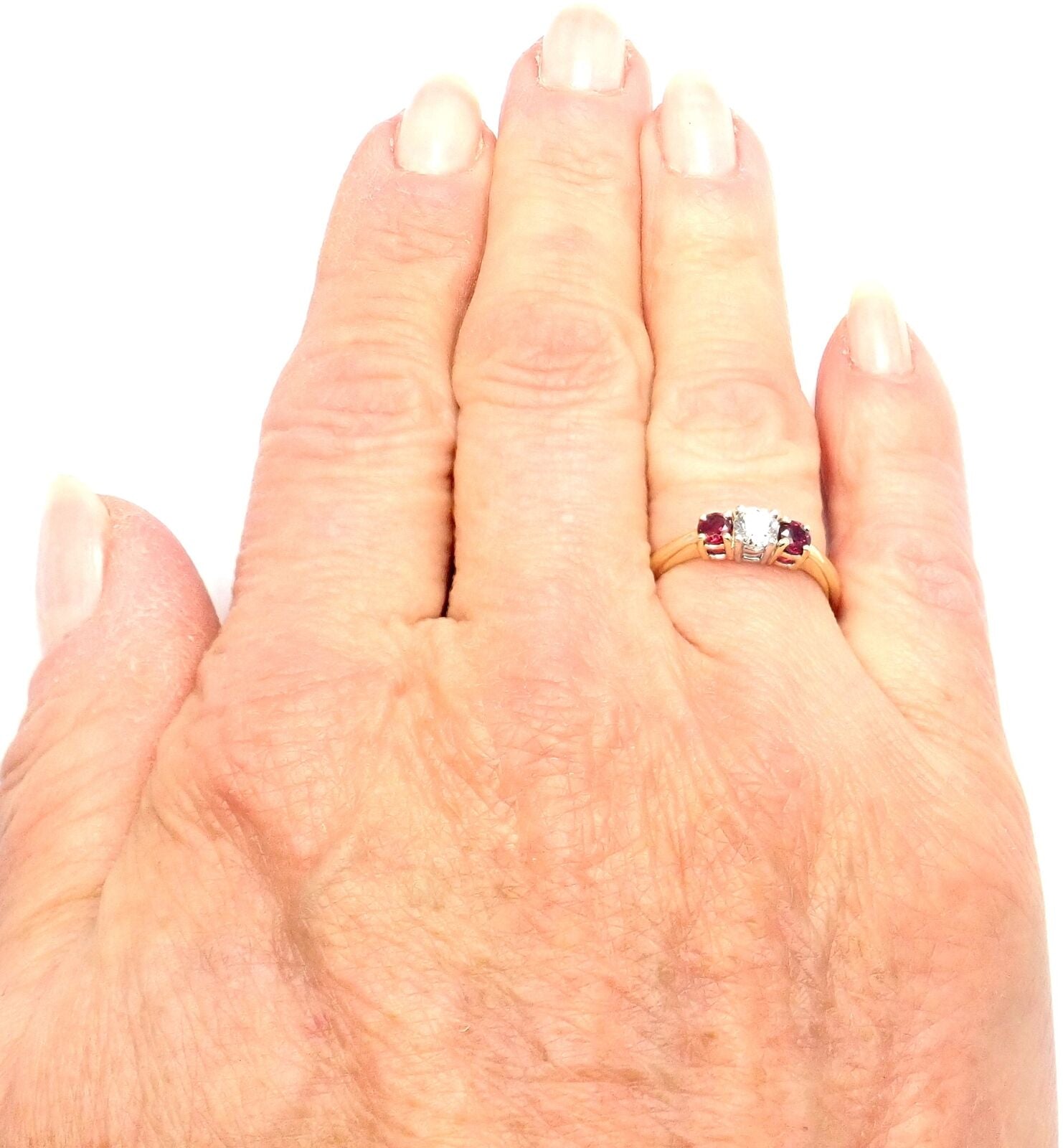 Authentic! Tiffany & Co 18k Gold Platinum Three Stone Diamond Ruby Band Ring | Fortrove