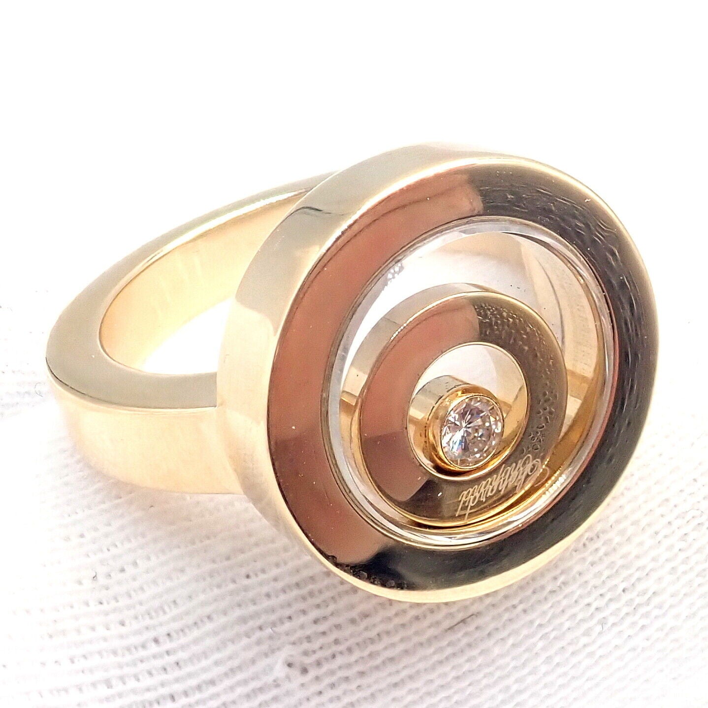 Authentic! Chopard 18k Yellow Gold Diamond Double Circle Happy Spirit Ring | Fortrove