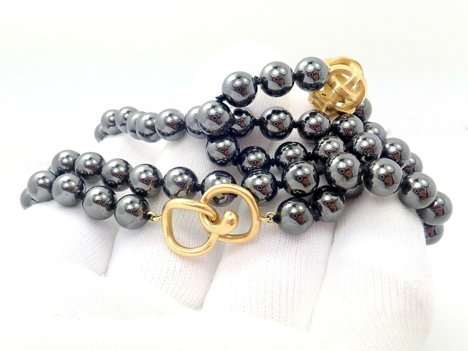 Authentic! Angela Cummings 18k Yellow Gold Hematite Bead 38" Long Necklace 1988 | Fortrove