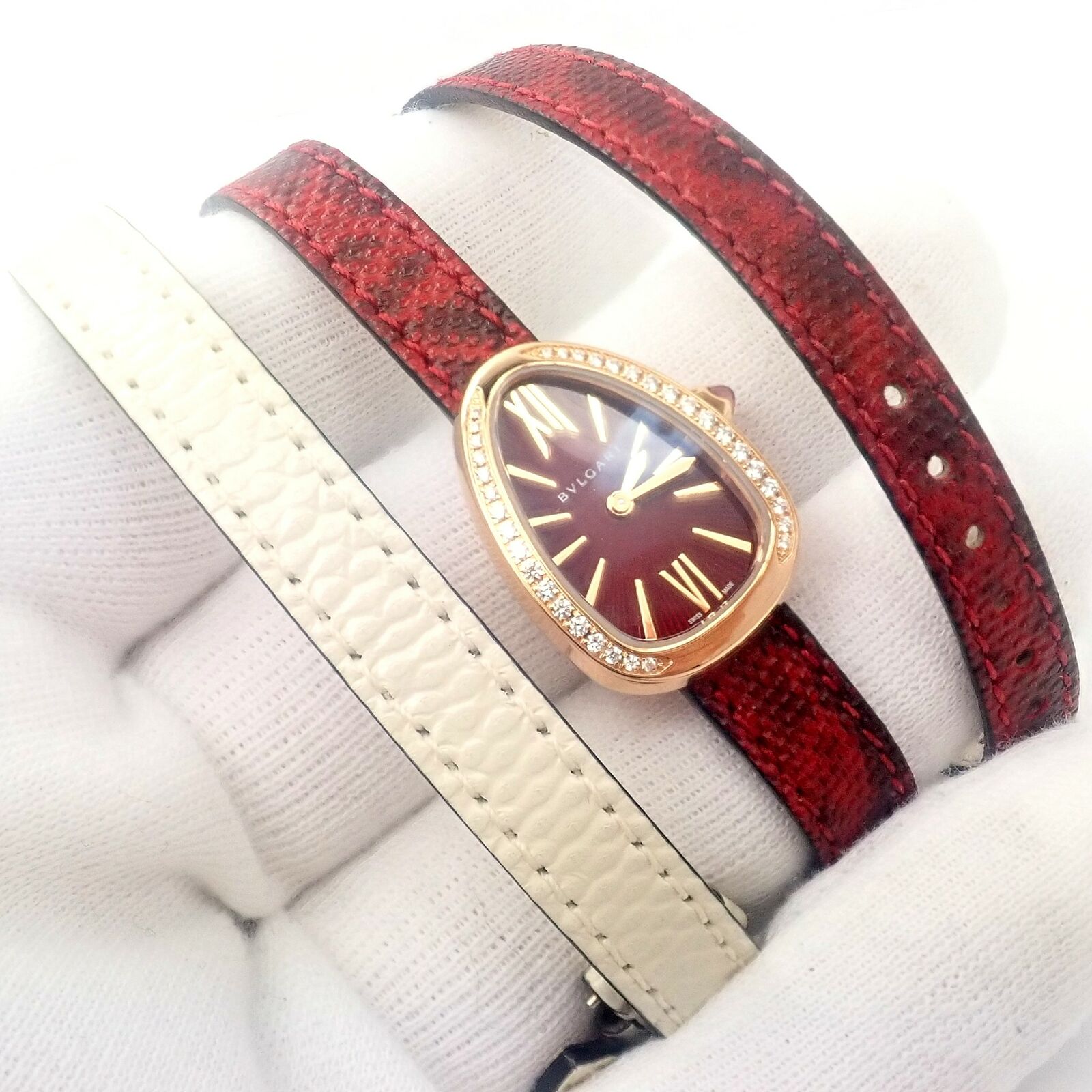 Bulgari 18k Rose Gold Diamond Tubogas Red Serpenti Snake Watch + Band + Tool | Fortrove