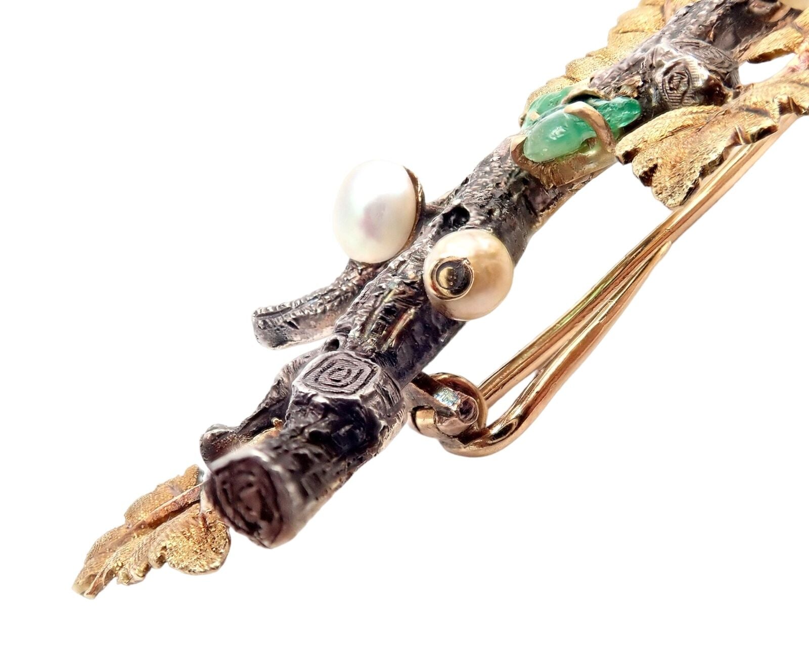 Vintage Buccellati 18k White Yellow Gold Carved Emerald Branch Twig Brooch Pin | Fortrove