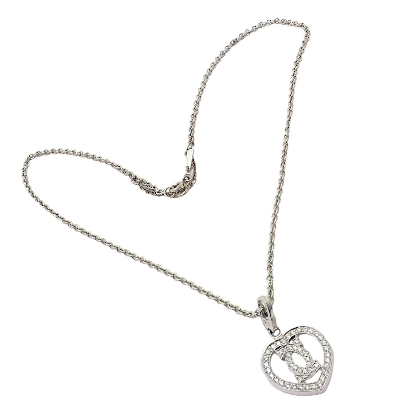 Authentic! Cartier Double C Heart 18k White Gold Diamond Pendant Necklace | Fortrove