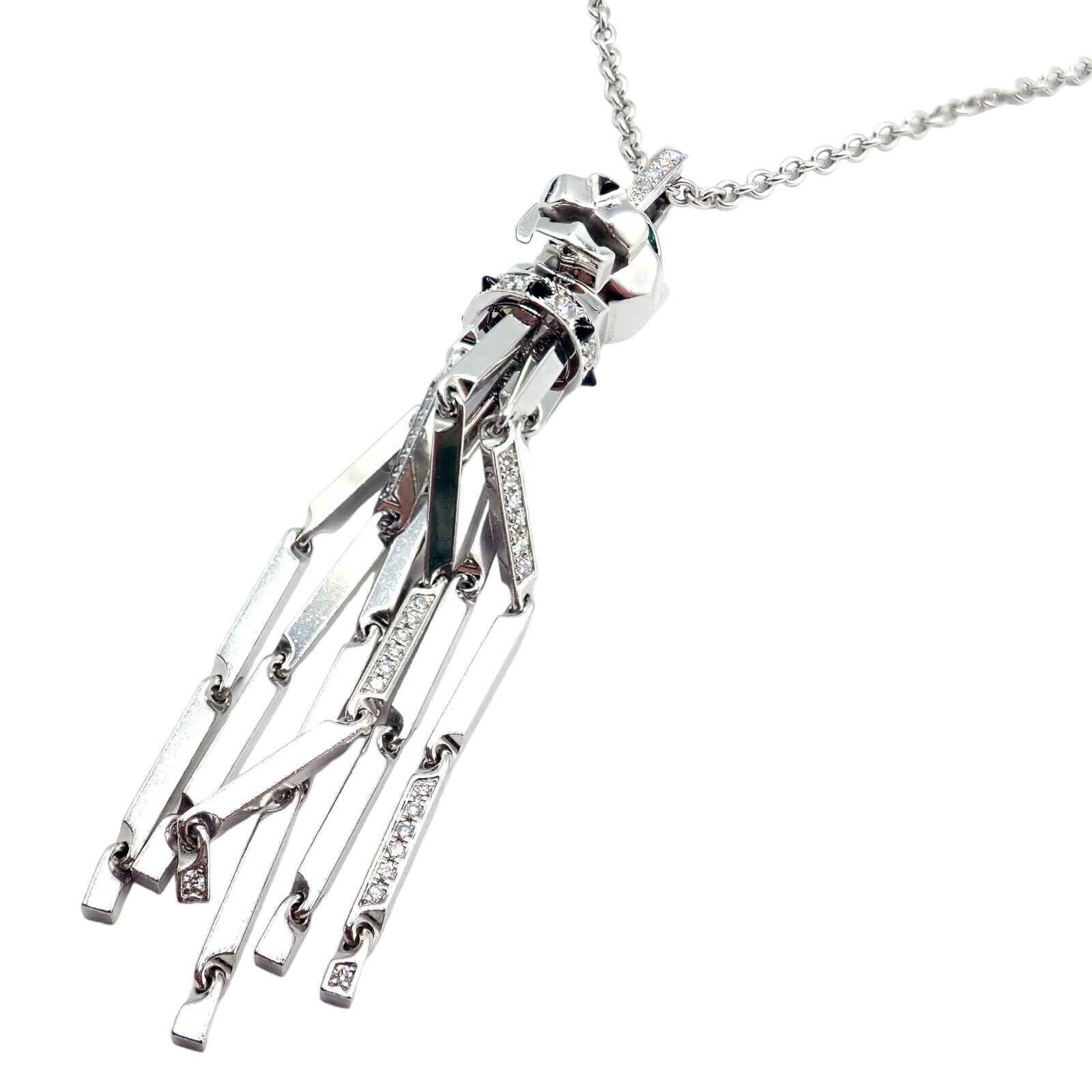 Panthere de Cartier Panther 18k White Gold Diamond Emerald Onyx Pendant Necklace | Fortrove