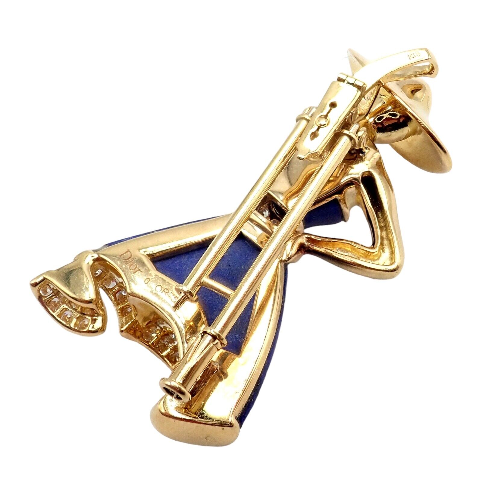 Authentic! Christian Dior 18k Yellow Gold Diamond Lapis Lady Dior Brooch Pendant | Fortrove