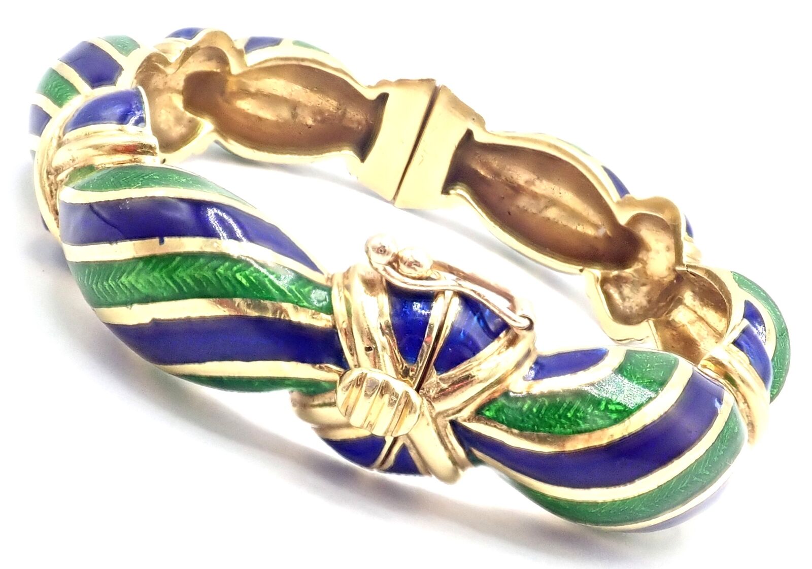 Authentic Vintage Tiffany & Co 18k Yellow Gold Green Blue Enamel Bangle Bracelet | Fortrove