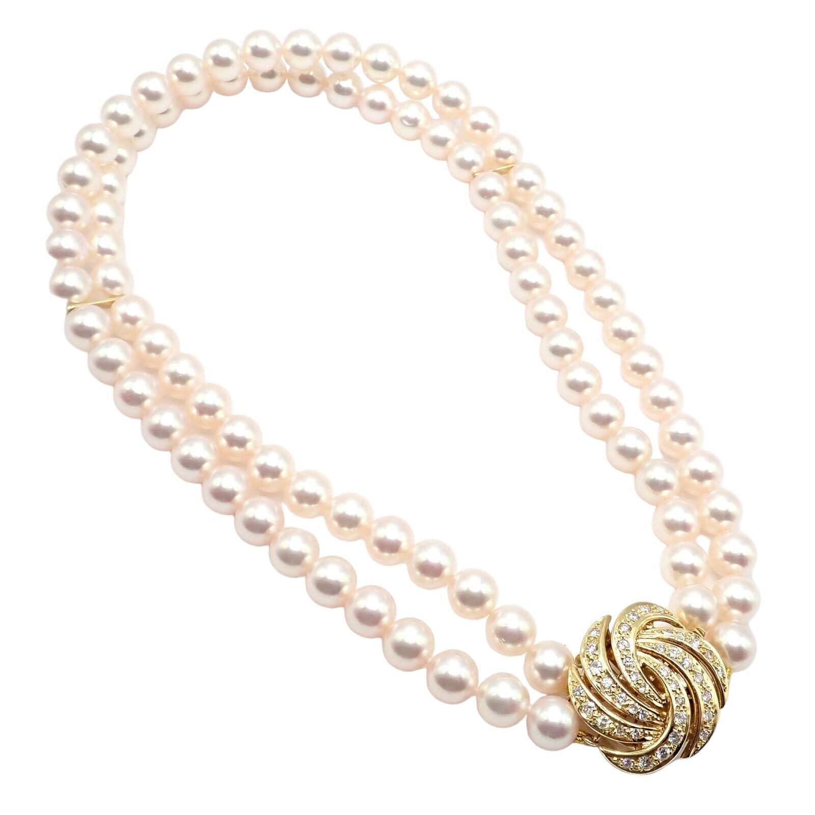Authentic! Mikimoto 18k Yellow Gold Diamond Double Strand 8mm Pearl Necklace | Fortrove