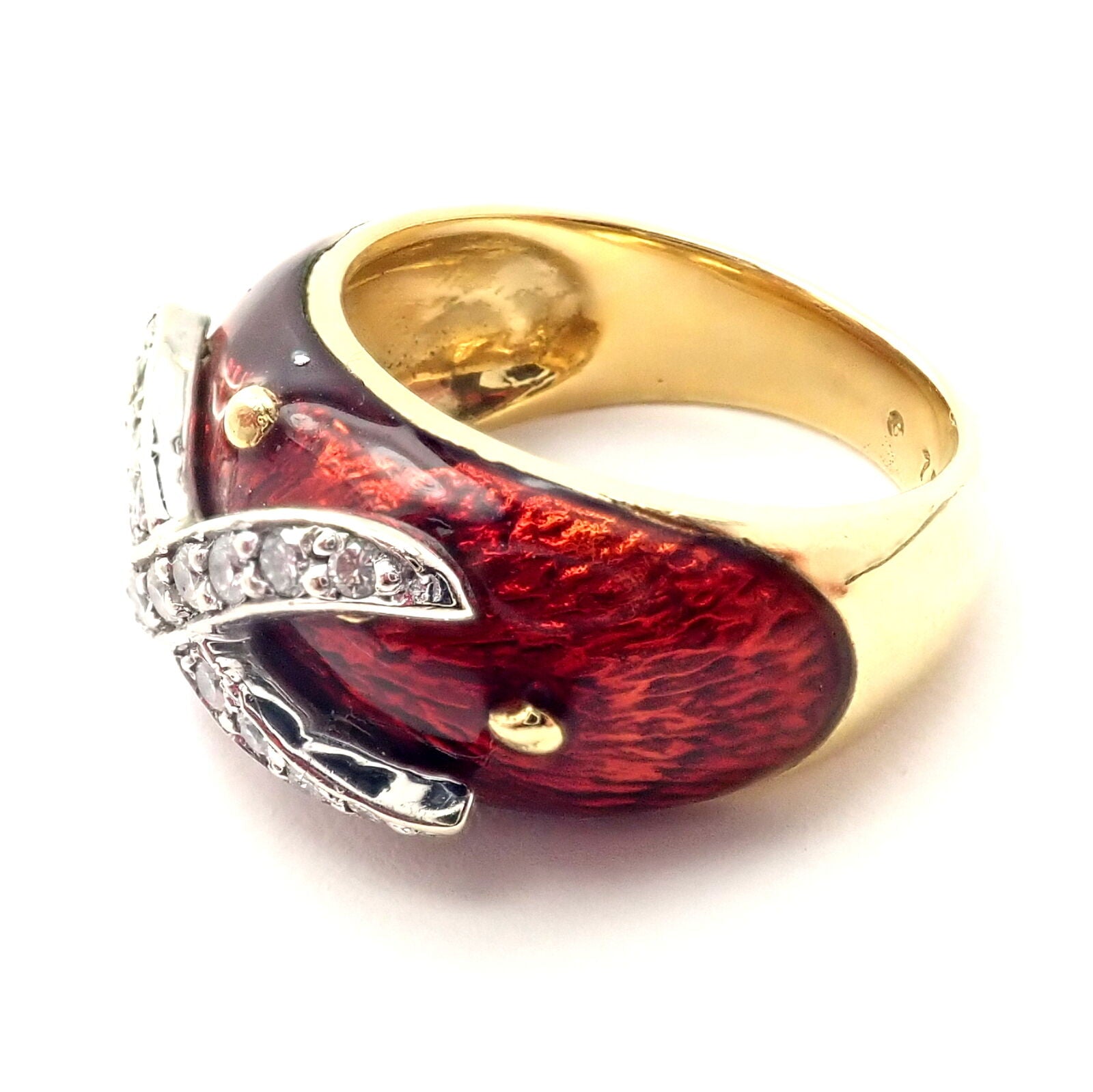 Authentic! Hidalgo 18K Yellow Gold Red Enamel X Diamond Ring Sz 5 | Fortrove