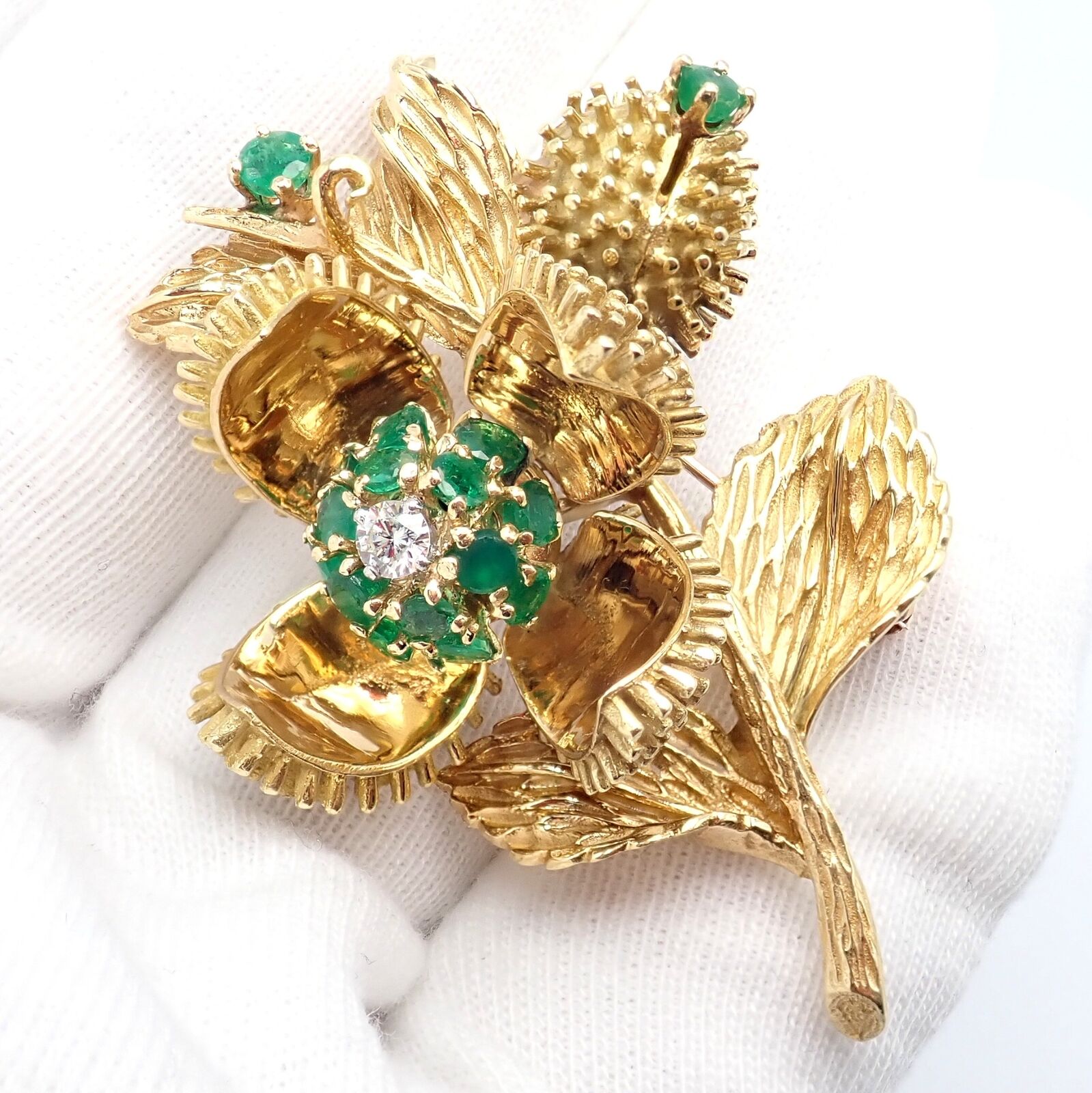 Rare! Tiffany & Co 18k Yellow Gold Diamond Emerald Flower Night & Day Brooch Pin | Fortrove