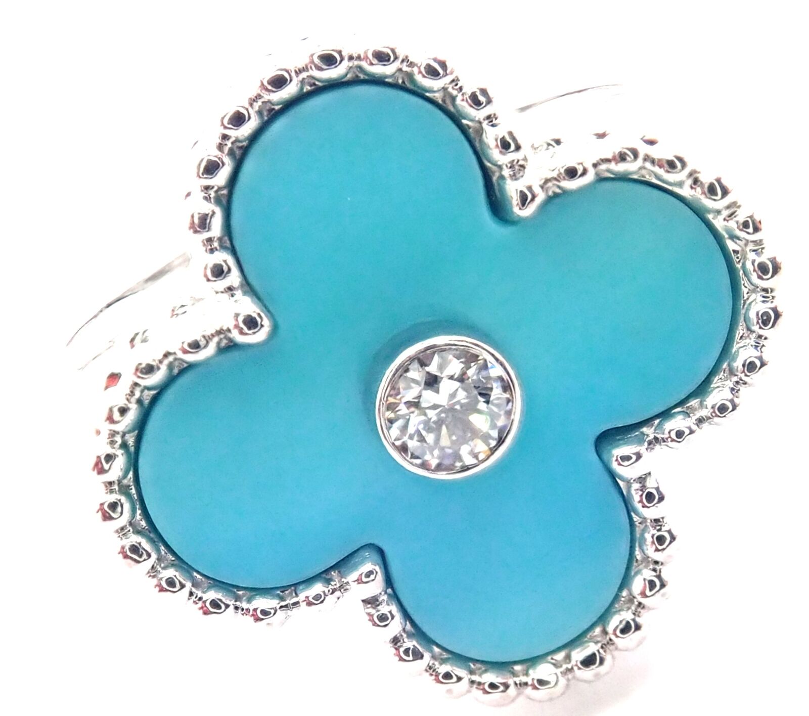 Authentic! Van Cleef & Arpels Alhambra 18k White Gold Diamond Turquoise Ring | Fortrove
