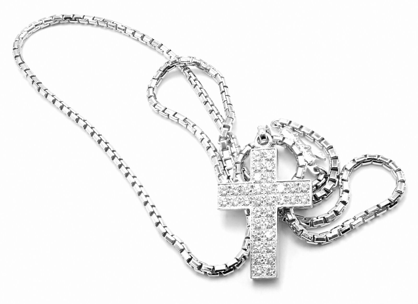 Authentic Cartier Cross 18k White Gold Diamond Charm Pendant Link Necklace Paper | Fortrove