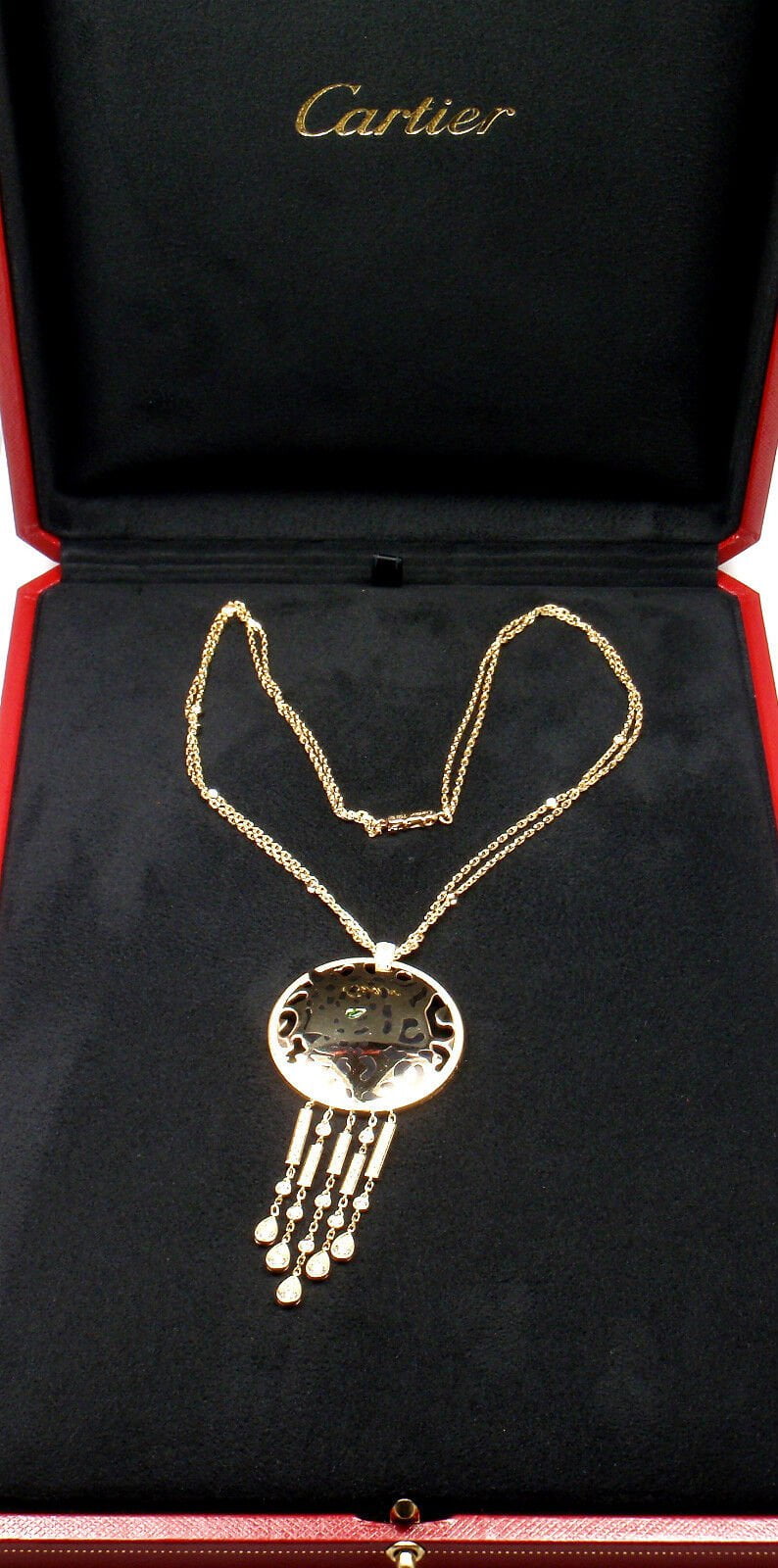 Authentic! Cartier Panther 18k Yellow Gold Diamond Tsavorite Lacquer Necklace | Fortrove