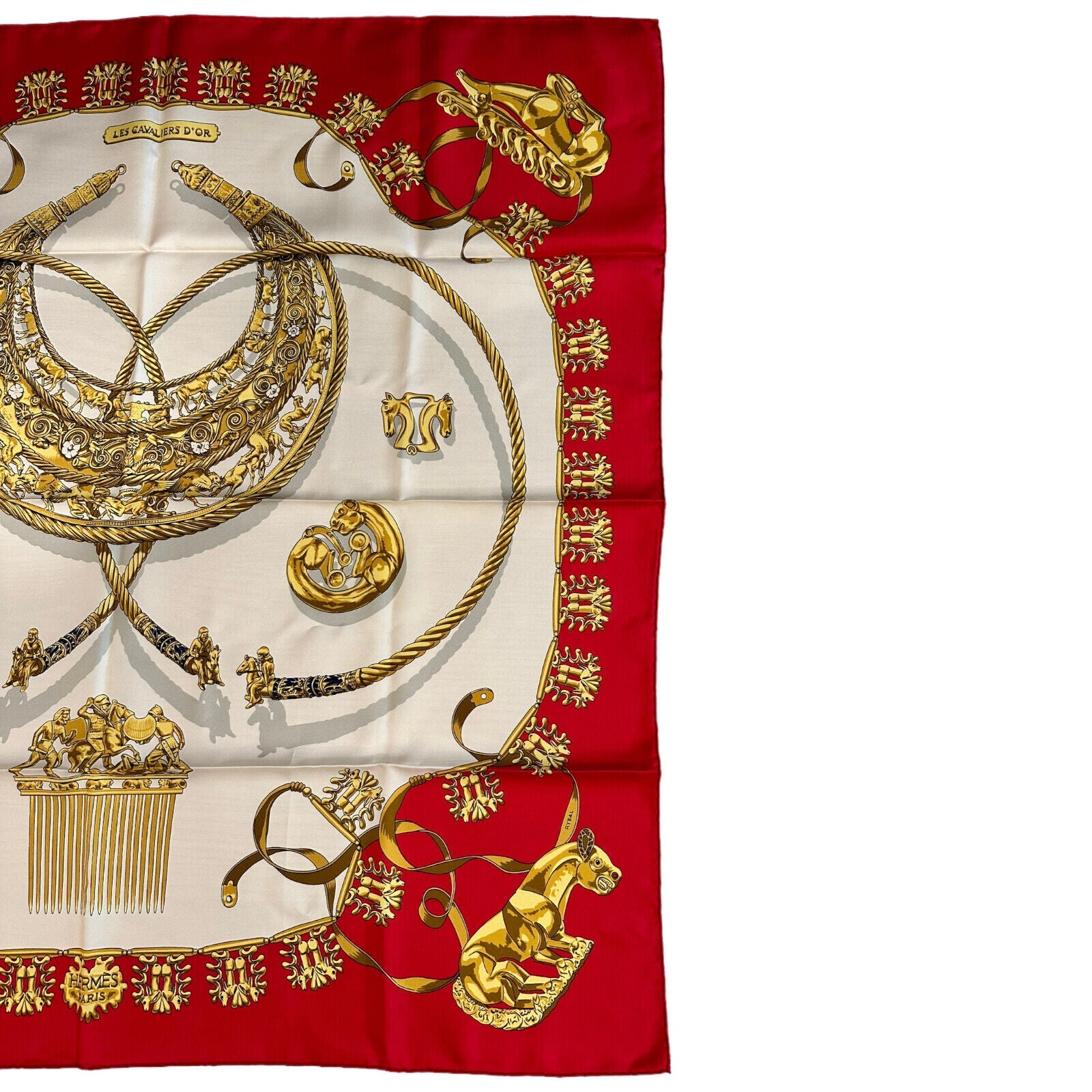 Hermes Carre Les Cavaliers D'Or Golden Horsemen Vintage 90cm Red Silk Scarf | Fortrove