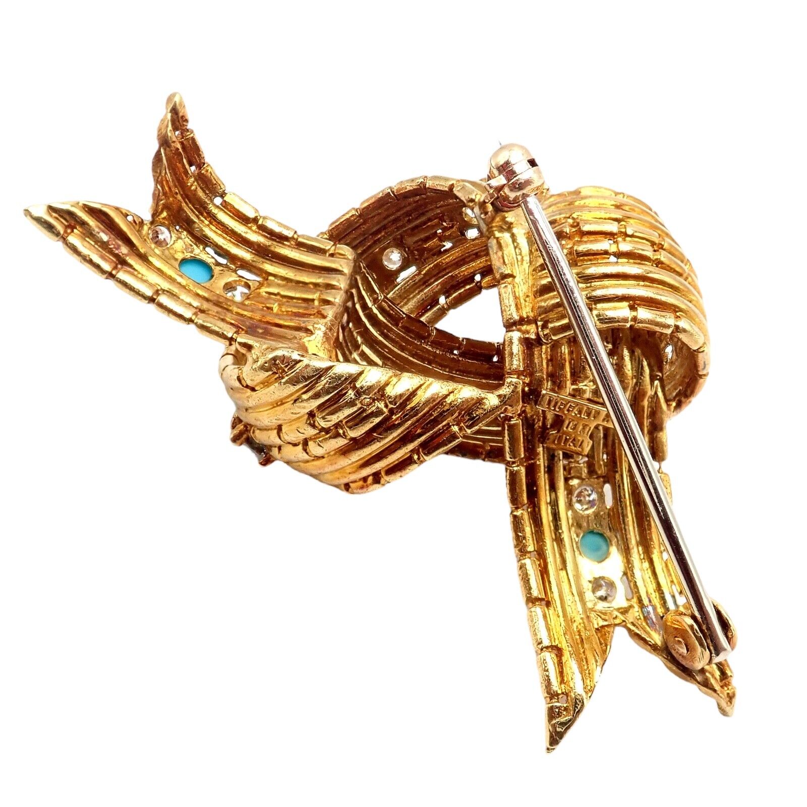 Vintage Tiffany & Co. 18k Yellow Gold Diamond Turquoise Bamboo Bow Pin Brooch | Fortrove