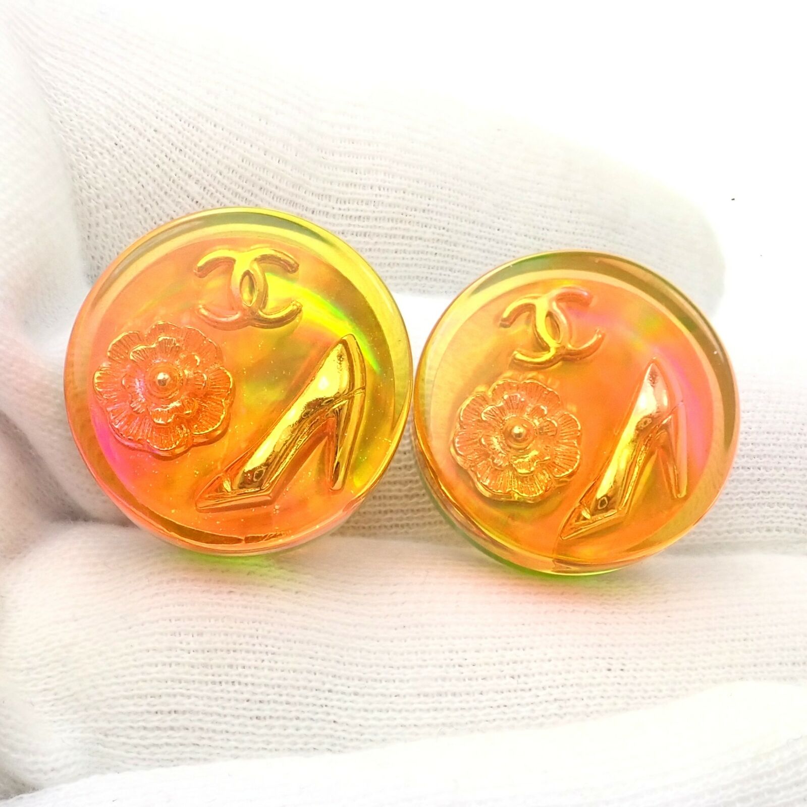 Rare! Vintage Chanel Paris France Holographic Logo Camellia Earrings 1997 Spring | Fortrove