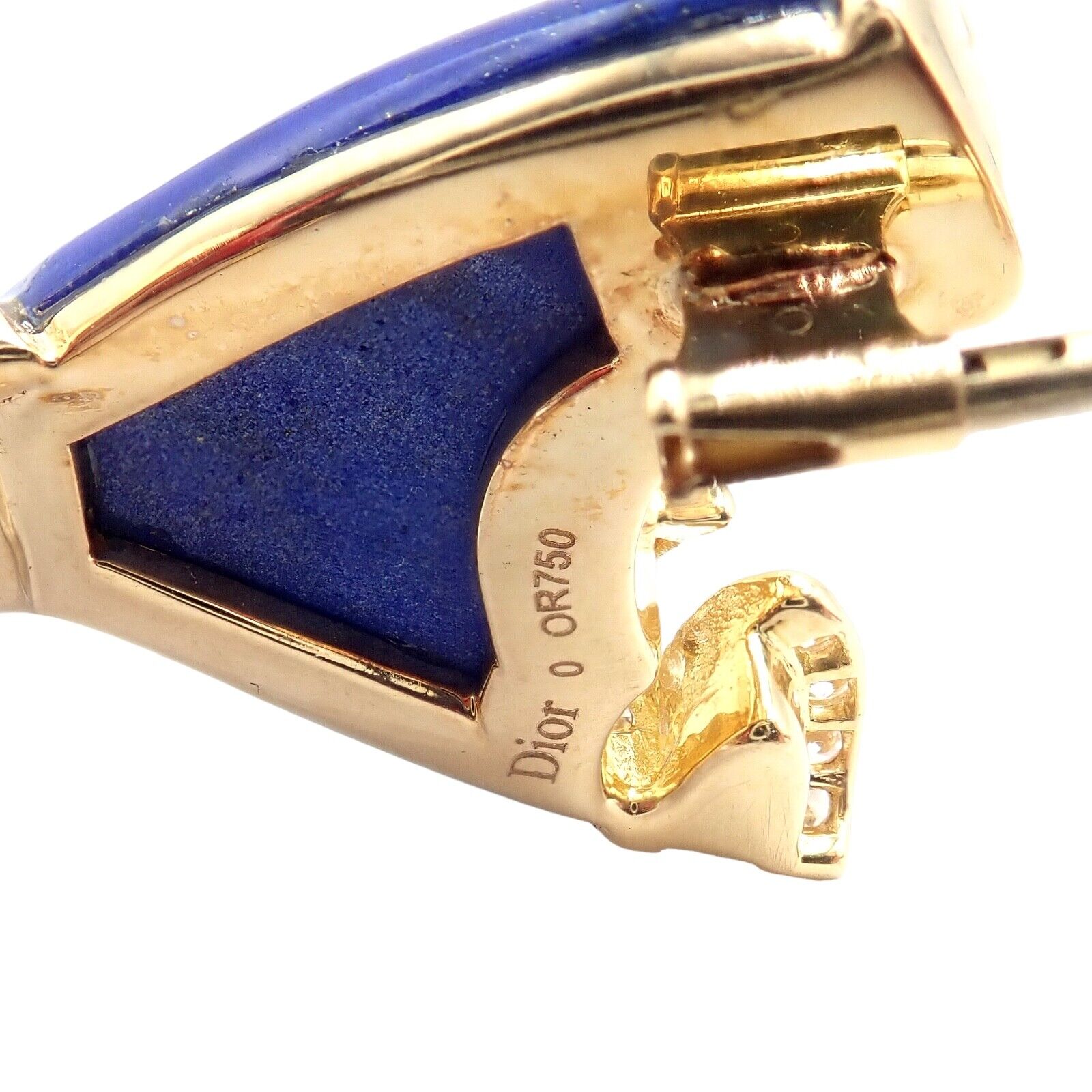 Authentic! Christian Dior 18k Yellow Gold Diamond Lapis Lady Dior Brooch Pendant | Fortrove