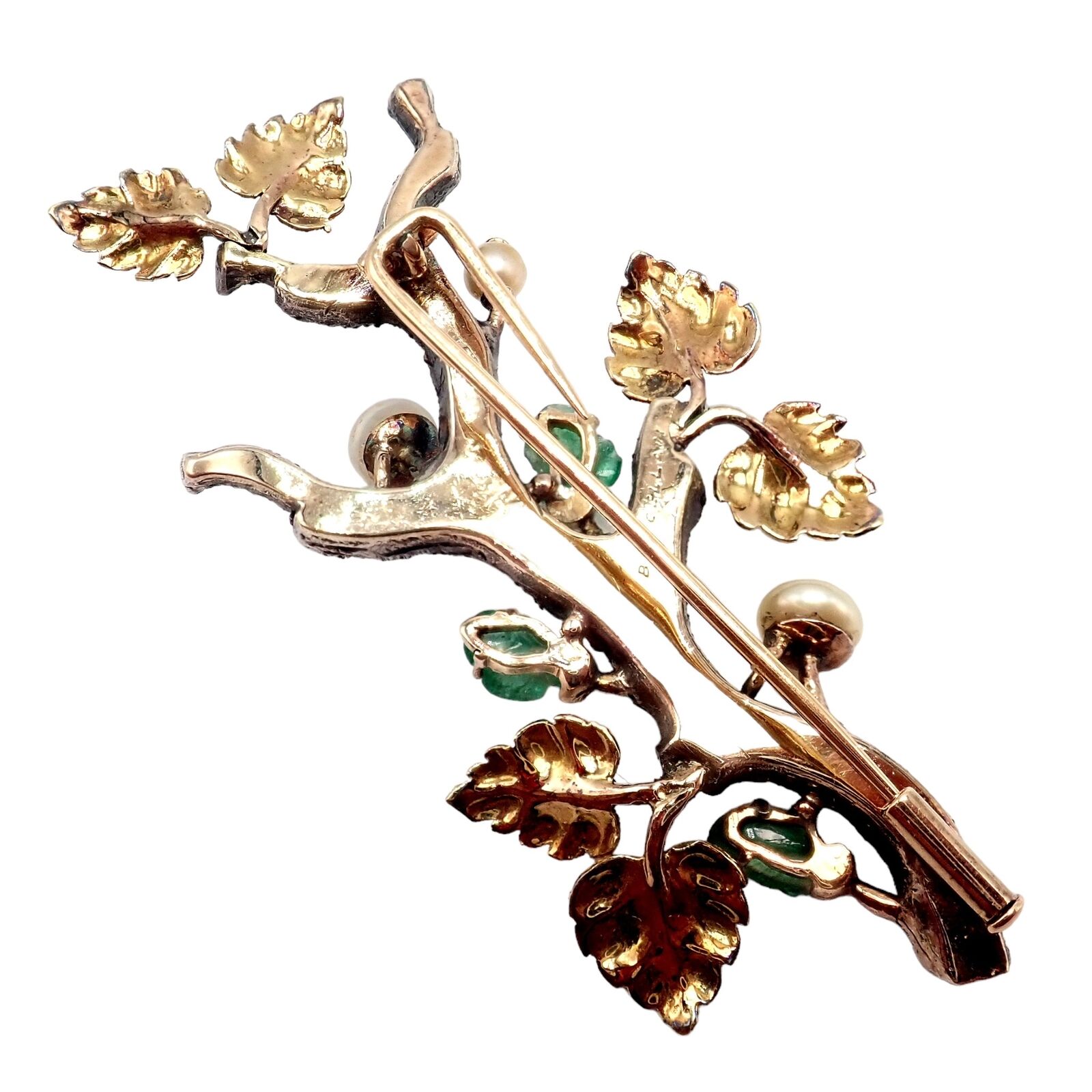 Vintage Buccellati 18k White Yellow Gold Carved Emerald Branch Twig Brooch Pin | Fortrove