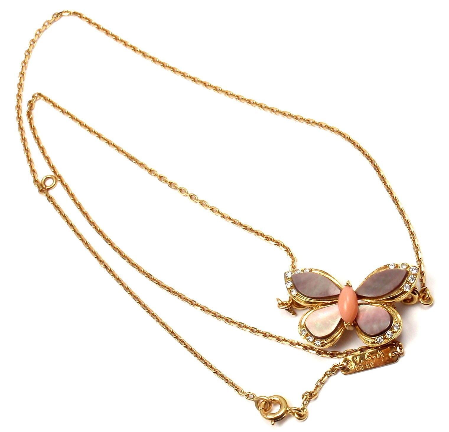 VAN CLEEF & ARPELS 18k Yellow Gold Diamond MOP Coral Butterfly Brooch Necklace | Fortrove
