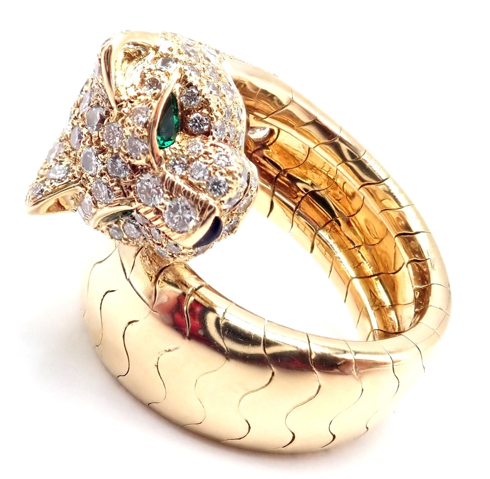 Authentic! Cartier Panther 18k Yellow Gold Diamond Emerald Onyx Band Ring | Fortrove