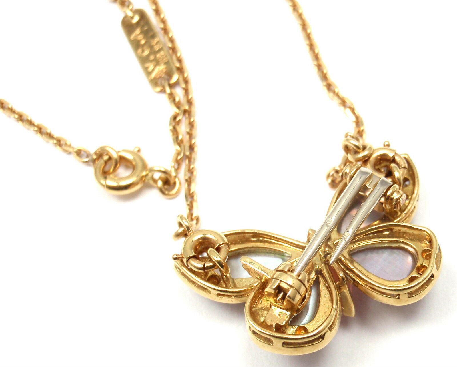 VAN CLEEF & ARPELS 18k Yellow Gold Diamond MOP Coral Butterfly Brooch Necklace | Fortrove