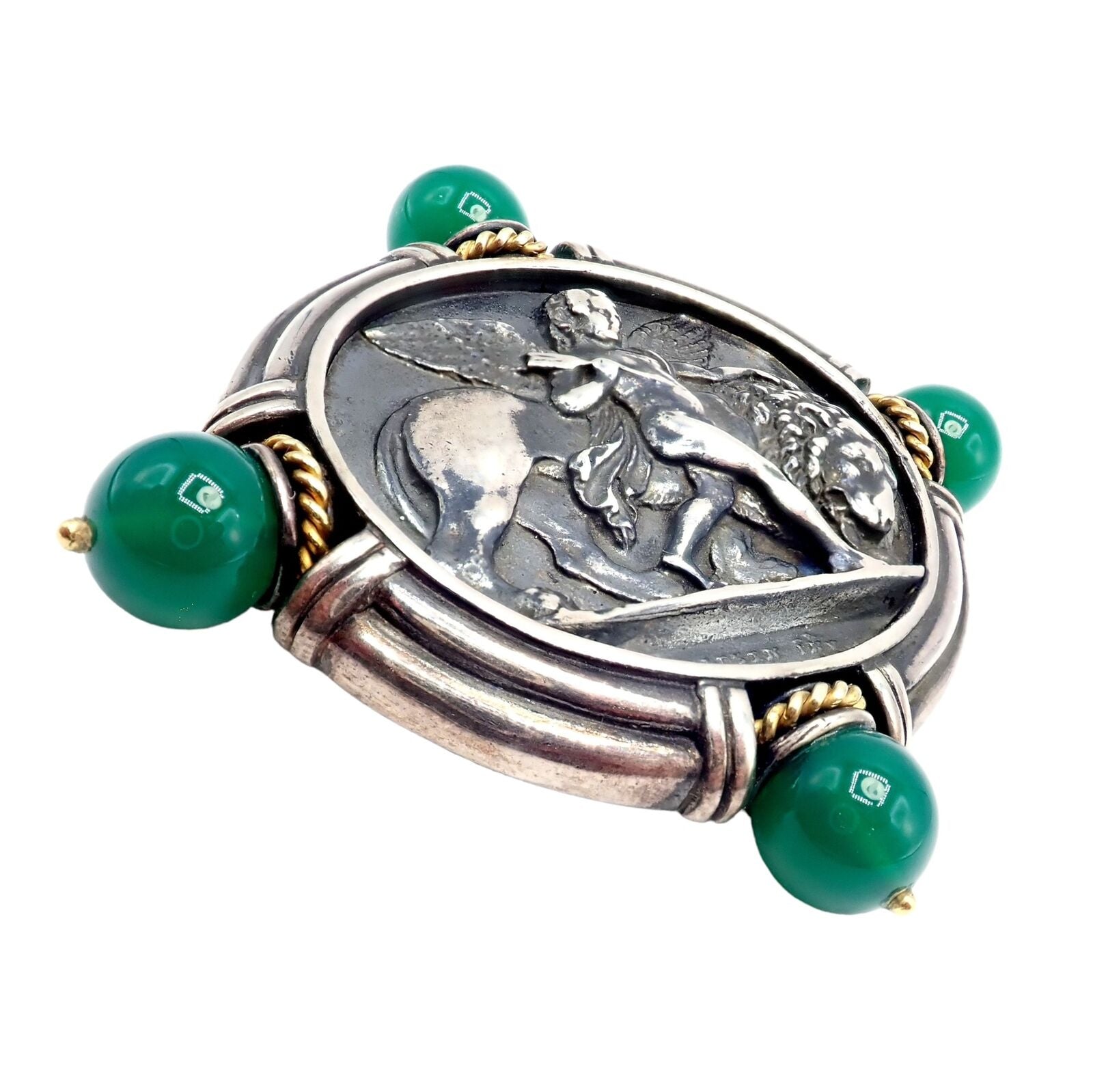 Authentic! SeidenGang 18k Yellow Gold Silver Large Medallion Chrysoprase Brooch | Fortrove
