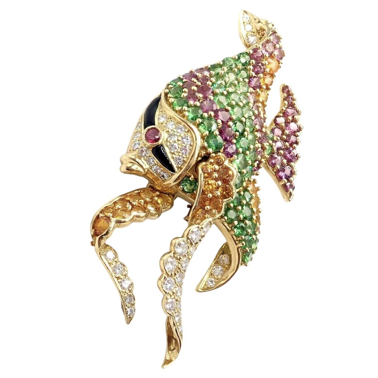 Authentic! Rare Jean Vitau 18k Yellow Gold Diamond Color Stone Angel Fish Brooch | Fortrove
