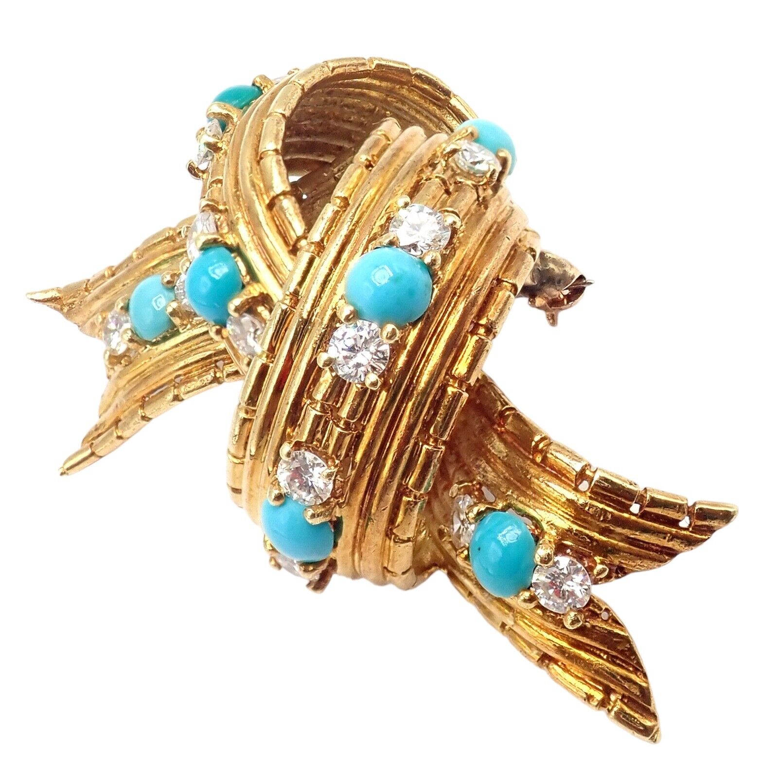 Vintage Tiffany & Co. 18k Yellow Gold Diamond Turquoise Bamboo Bow Pin Brooch | Fortrove
