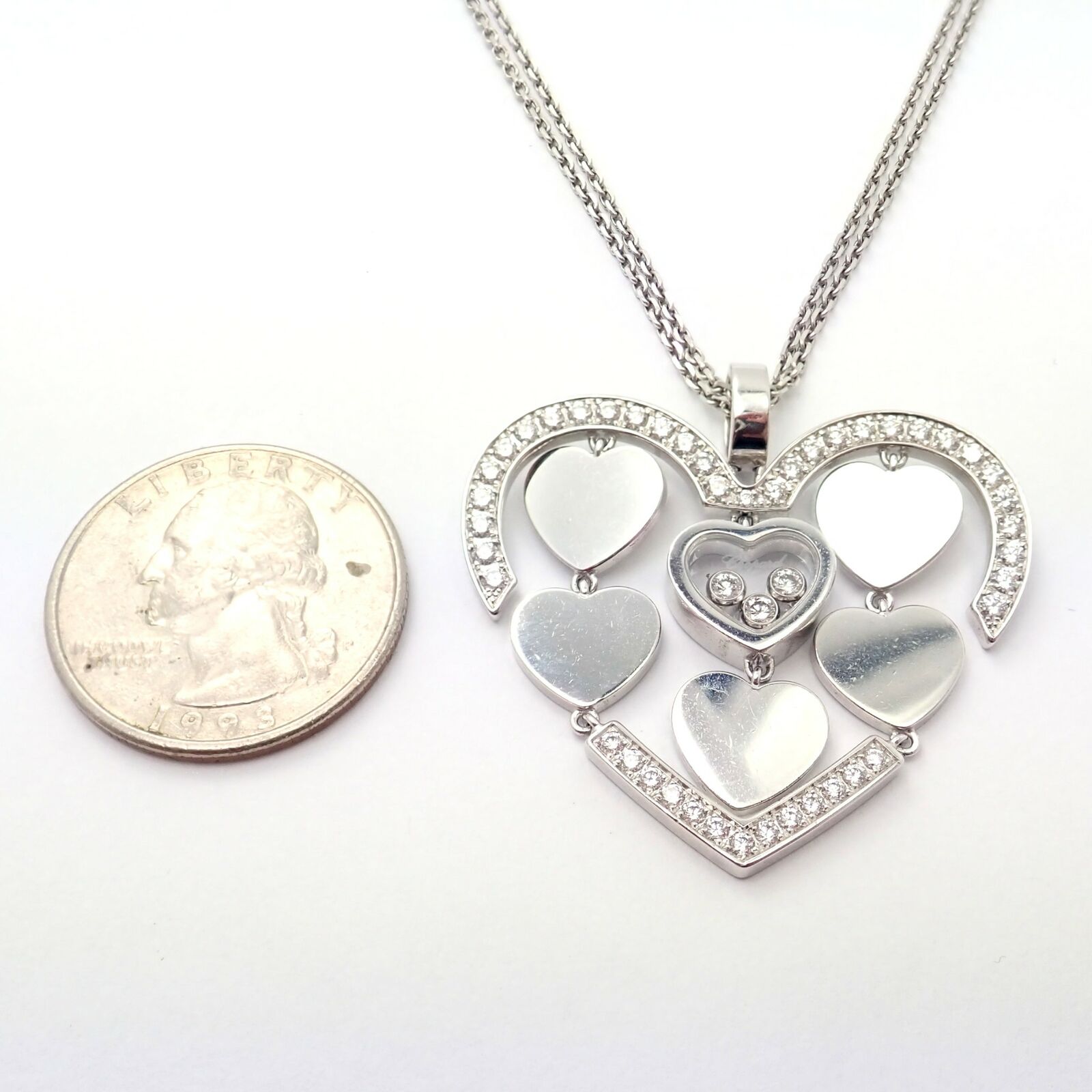 Authentic! Chopard 18k White Gold Large Double Happy Hearts Diamond Necklace | Fortrove