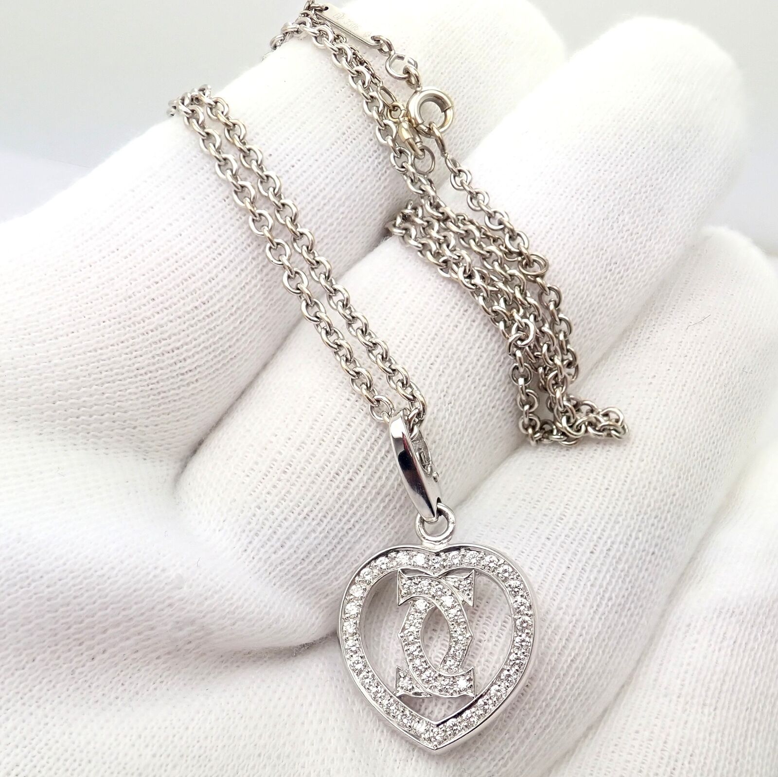 Authentic! Cartier Double C Heart 18k White Gold Diamond Pendant Necklace | Fortrove