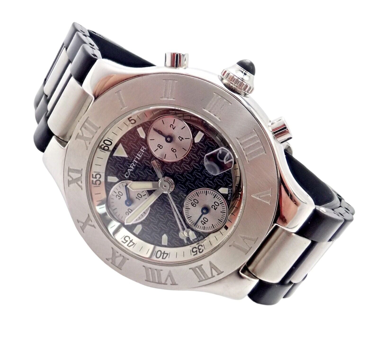 Cartier Jewelry & Watches:Watches, Parts & Accessories:Watches:Wristwatches Authentic! Cartier Stainless Steel Chronograph 21 Quartz Rubber Band Watch