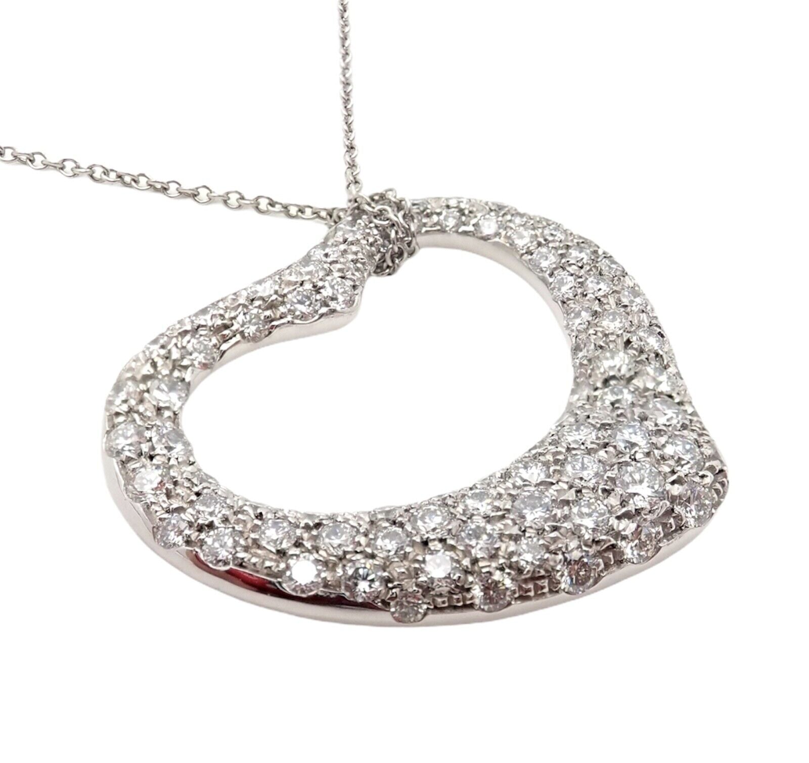 Authentic! Tiffany & Co Elsa Peretti Platinum Diamond Large Open Heart Necklace | Fortrove
