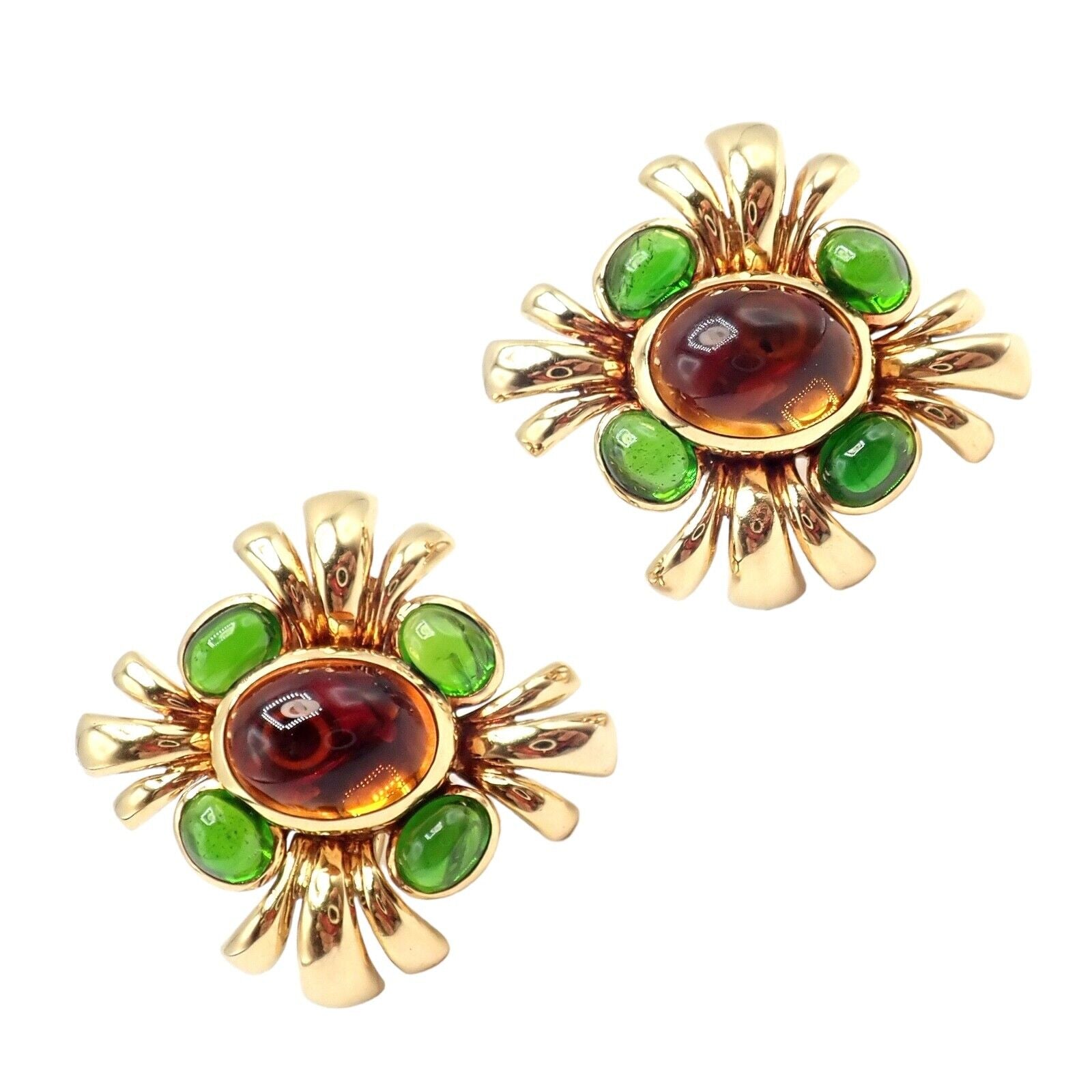 Authentic! Verdura 18k Yellow Gold Citrine Green Tourmaline Vintage Earrings | Fortrove