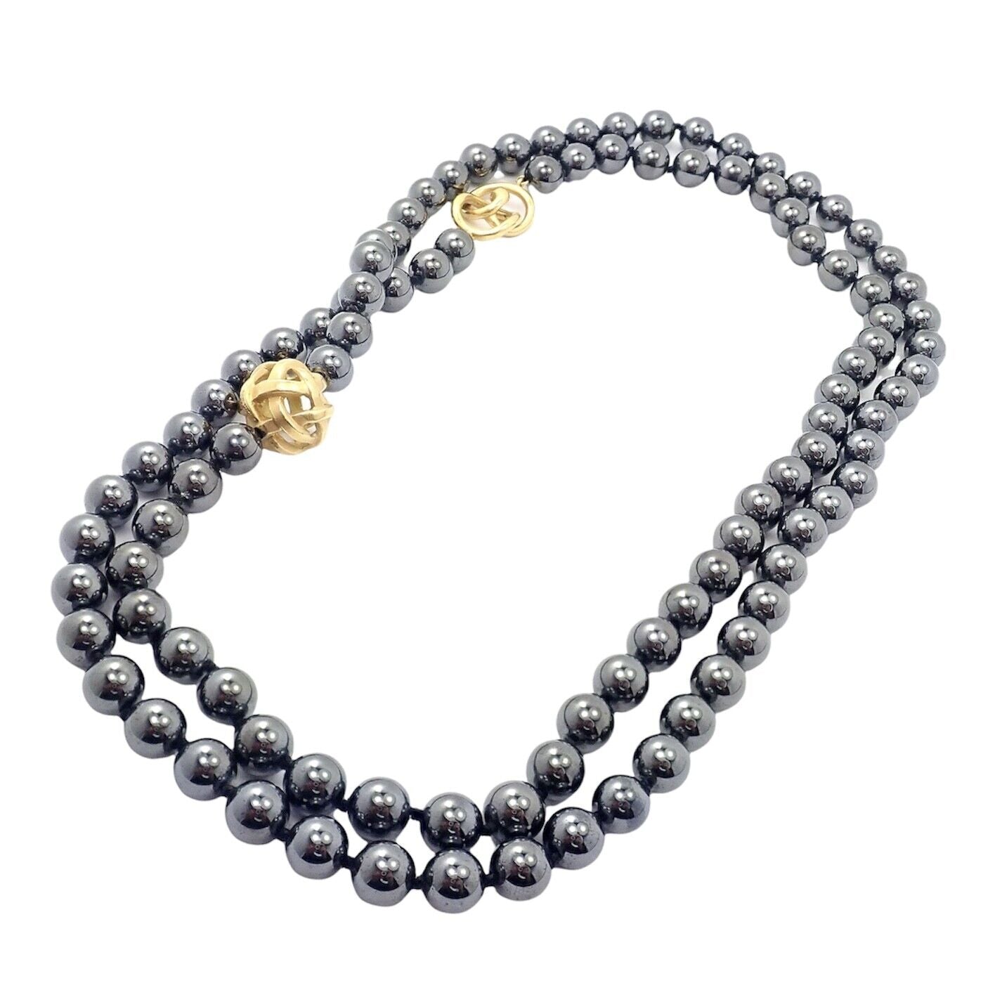 Authentic! Angela Cummings 18k Yellow Gold Hematite Bead 38" Long Necklace 1988 | Fortrove
