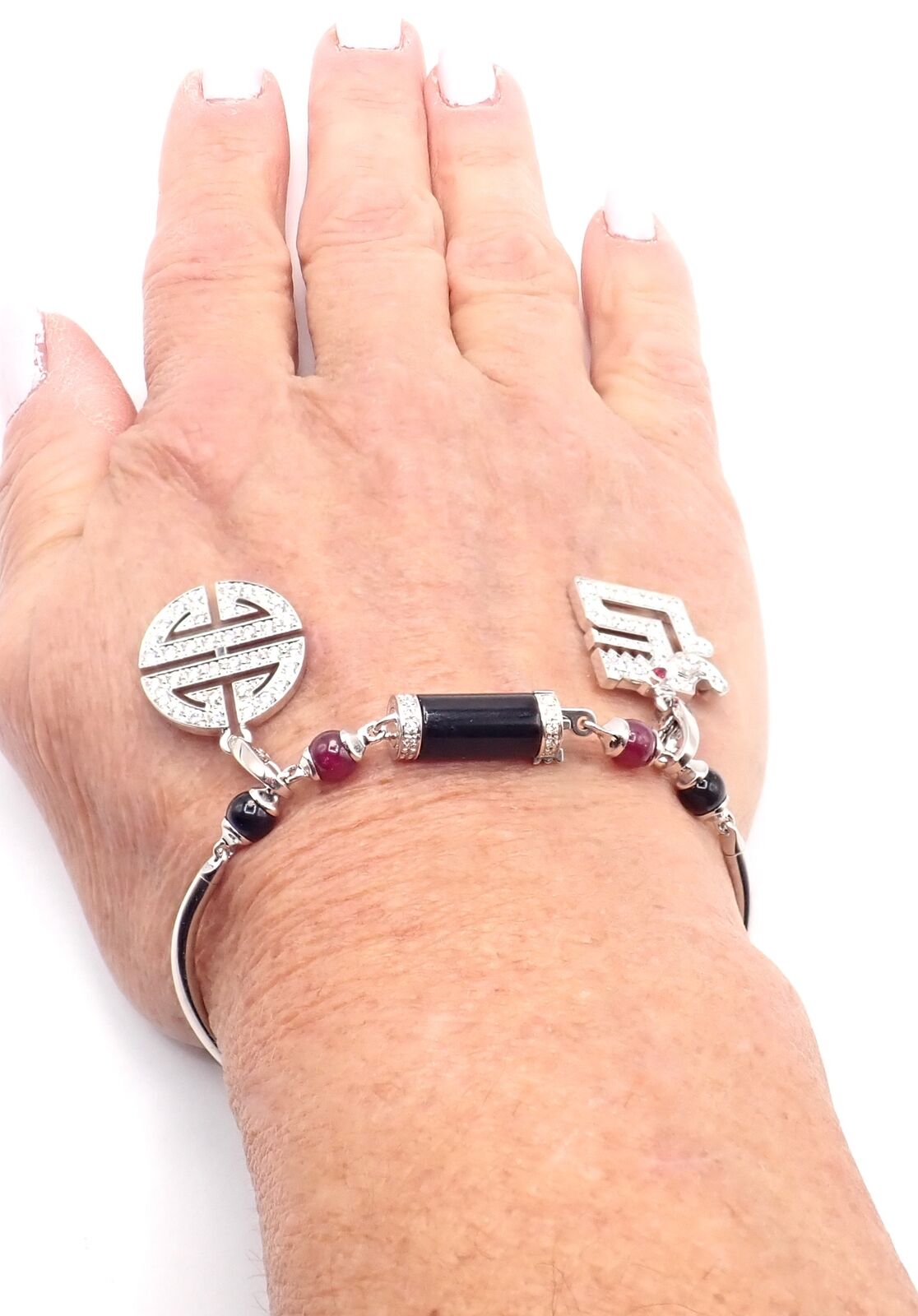 Cartier Le Baiser Du Dragon 18k Gold Diamond Ruby Onyx 2 Charms Bangle Bracelet | Fortrove