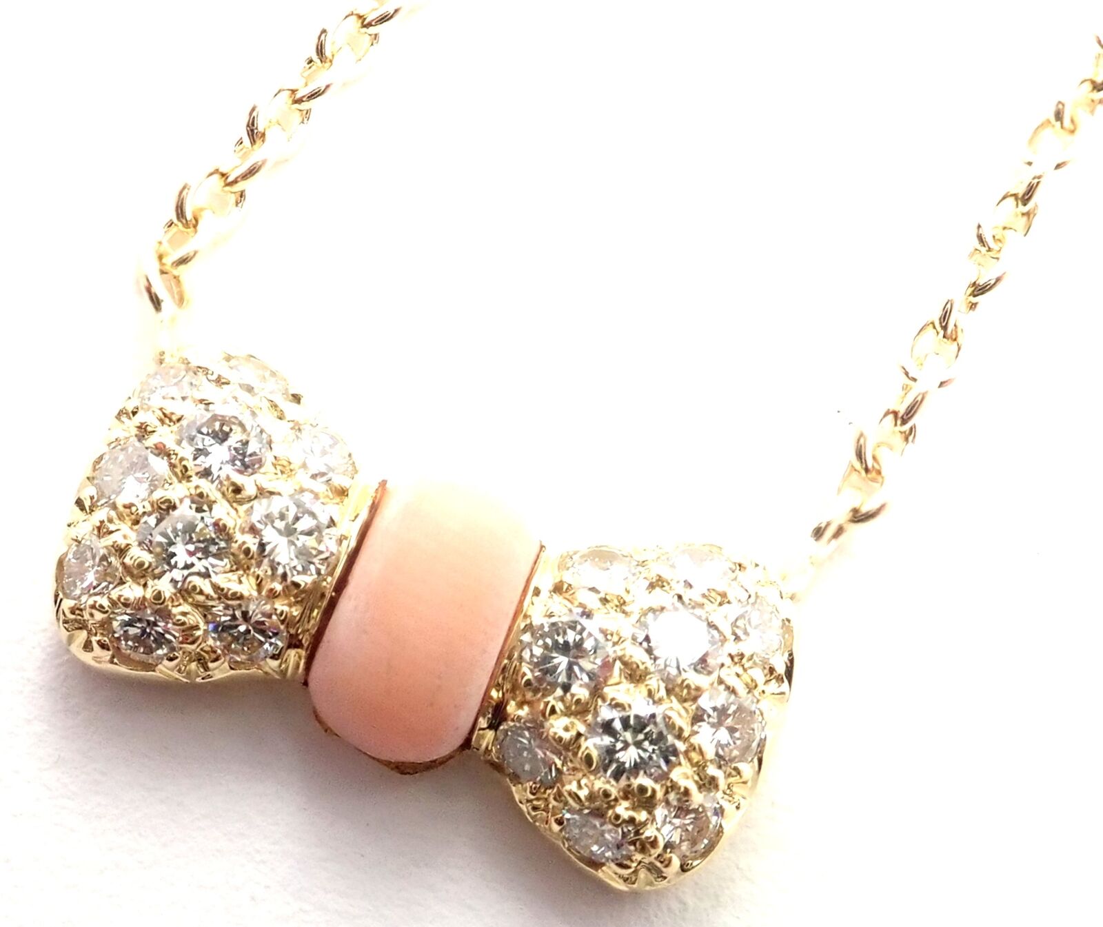 Authentic! Van Cleef & Arpels 18k Yellow Gold Diamond Coral Bow Pendant Necklace | Fortrove