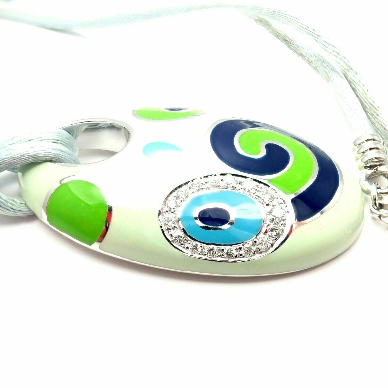 Roberto Coin 18k White Gold Diamond Green Enamel Silk Cord Pendant Necklace | Fortrove