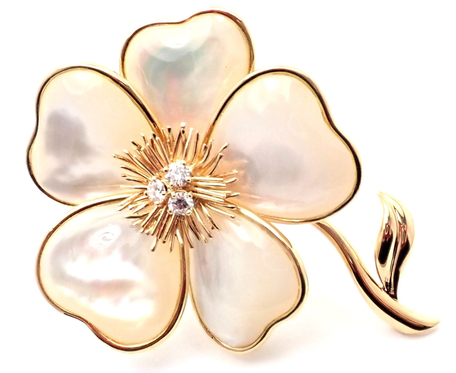 Van Cleef & Arpels Clématite 18k Yellow Gold Diamond Mother of Pearl Pin Brooch | Fortrove