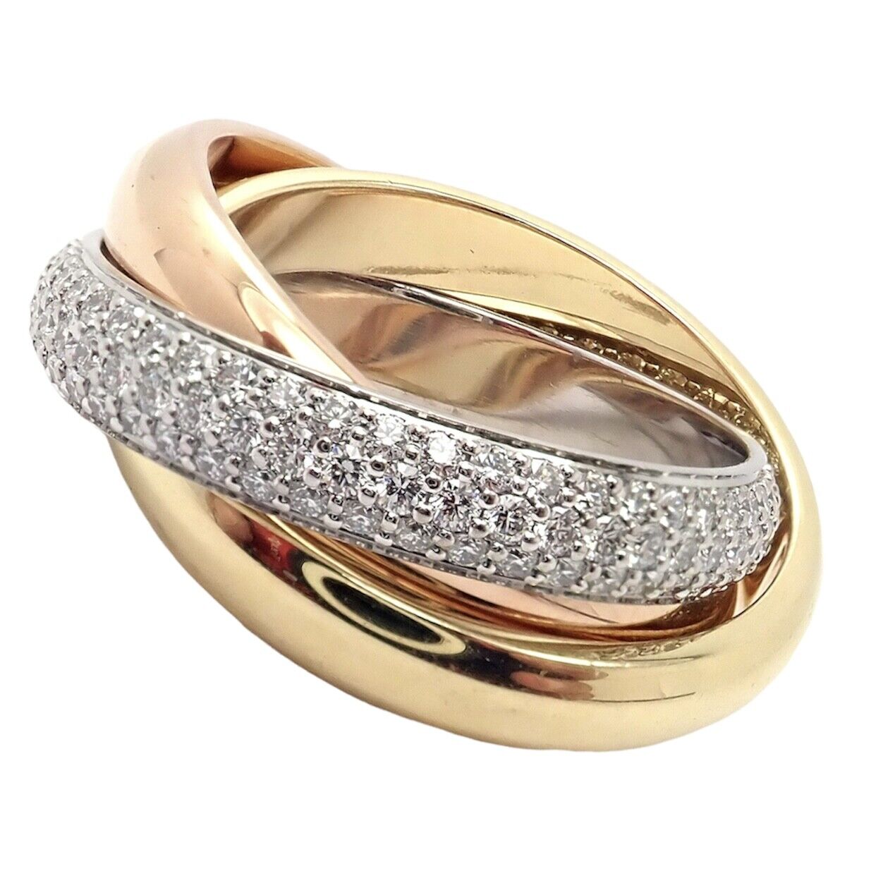Authentic! Cartier Trinity Classic Diamond 18k White Yellow Rose Gold Band Ring | Fortrove