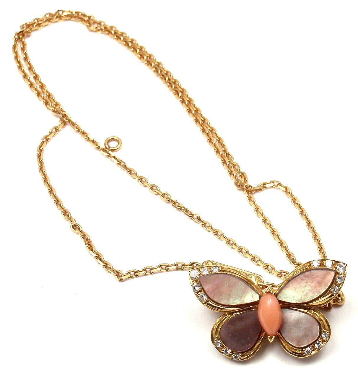 VAN CLEEF & ARPELS 18k Yellow Gold Diamond MOP Coral Butterfly Brooch Necklace | Fortrove